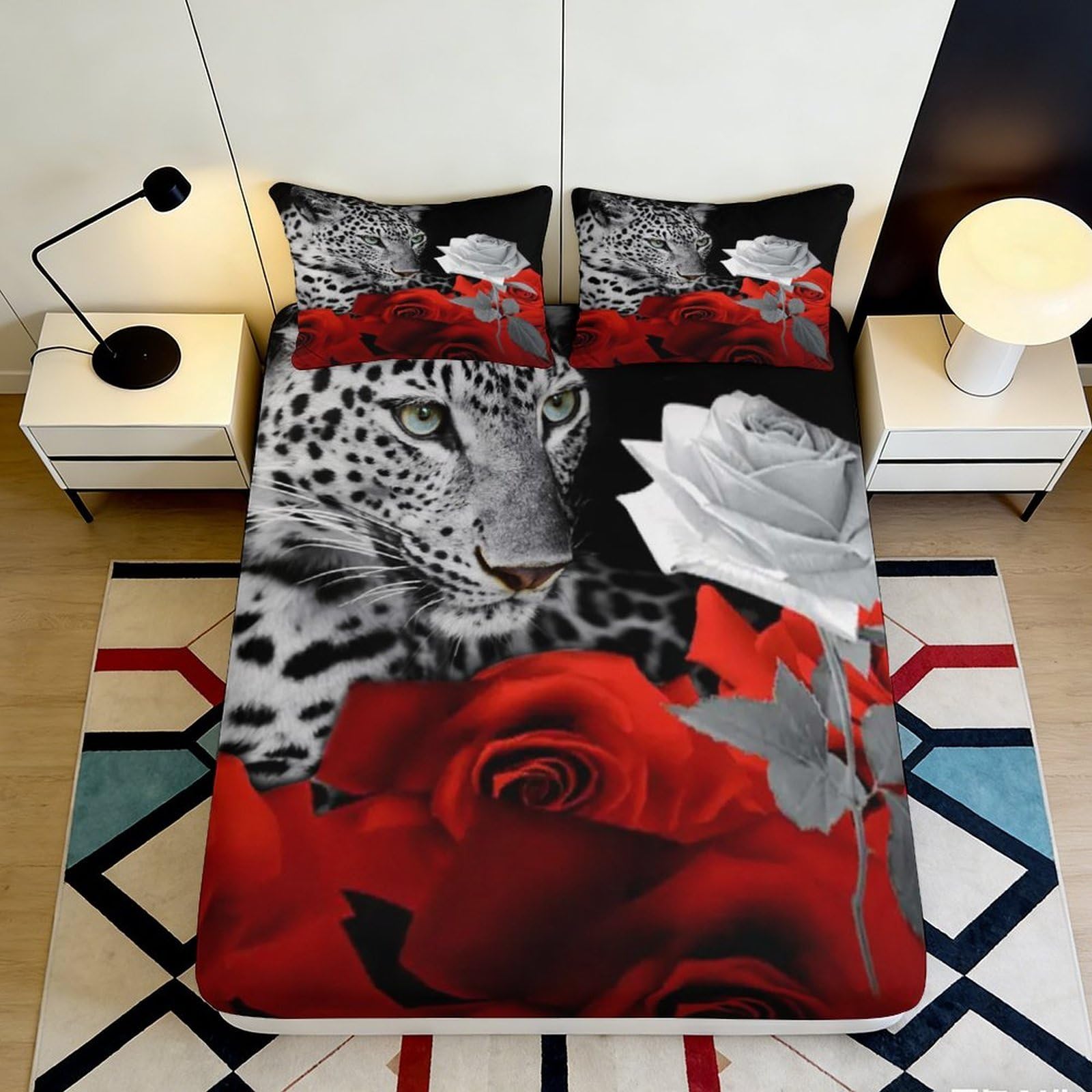 3D Printed Leopard Red Rose Fitted Sheet Microfiber Non Slip Bed Cover Easy Care for Bedroom Guest Room Decor 90x200x25cm