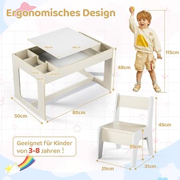 MAMIZO Kindertisch mit 2 Stühlen Kindersitzgruppe mit StauraumKindermöbel Kinderschreibtisch mit wendbarer Tischplatte Kinder Tisch Stuhl Set für Kinderzimmer Kindergarten ab 3 +Holzfarbe mit Weiß