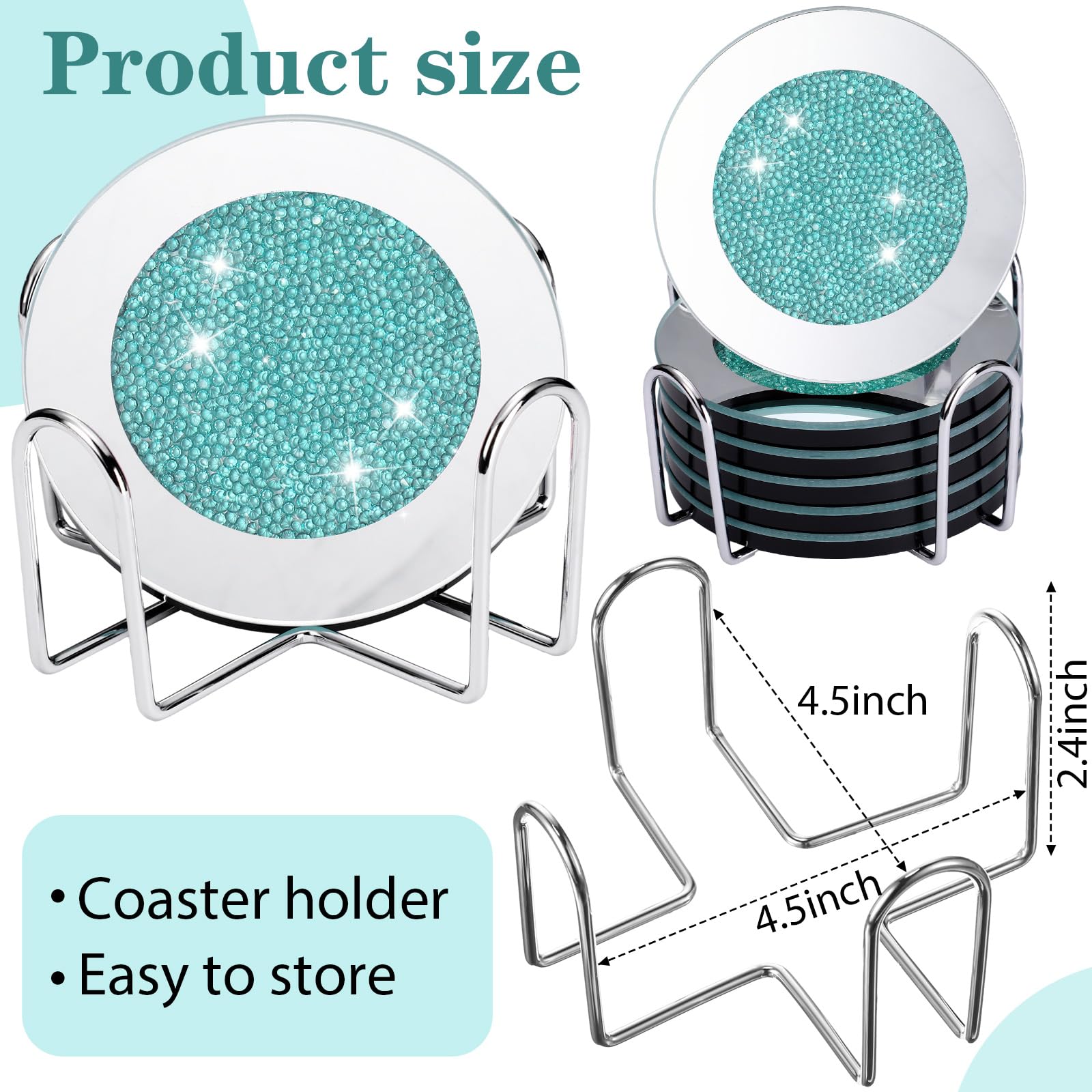 Jetec Mirrored Glass Coaster Set of 6 with 1 Holder 4" Crushed Diamond Round Cup Mat Glitter Crystal Rhinestone Glass Coaster Bling Table Decor for Bar Kitchen Gift for Christmas(Mint Green,4 Inch) - Image 2