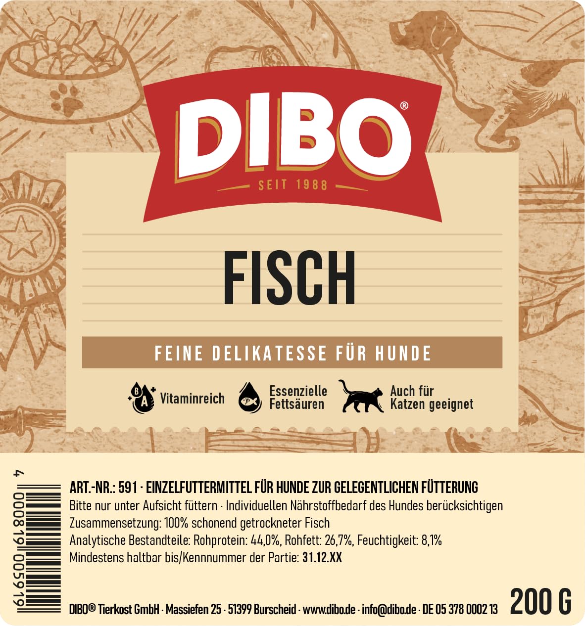 DIBO Pesce, sacchetto da 200 g, piccolo snack o dolcetti per il cibo per cani di DIBO