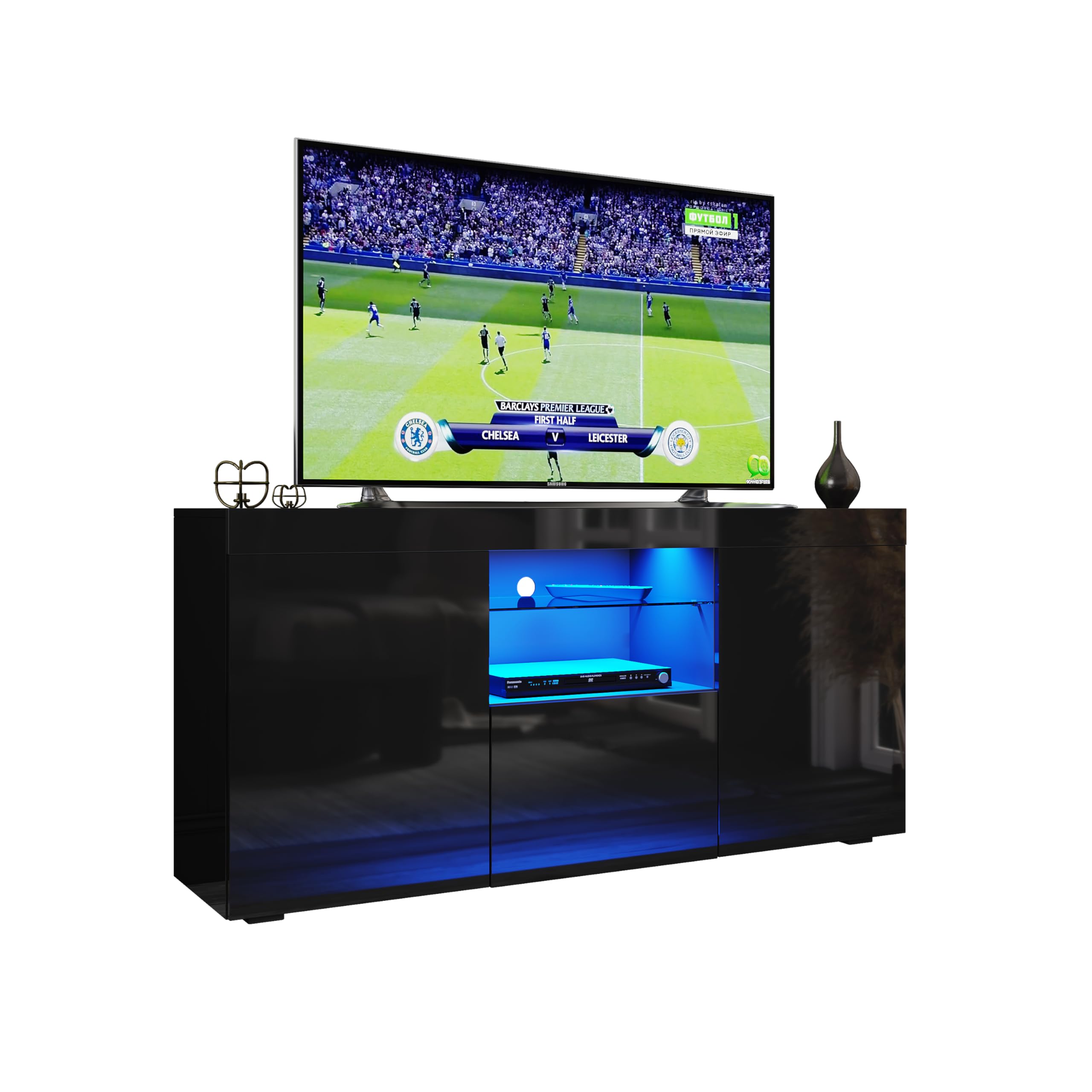 ELEGANT 1350mm Modern TV Stand Cabinet with RGB LED Lights Black Gloss TV Unit for up to 55" TV with Ambient Light for Living Room Furniture, Power Adapter included