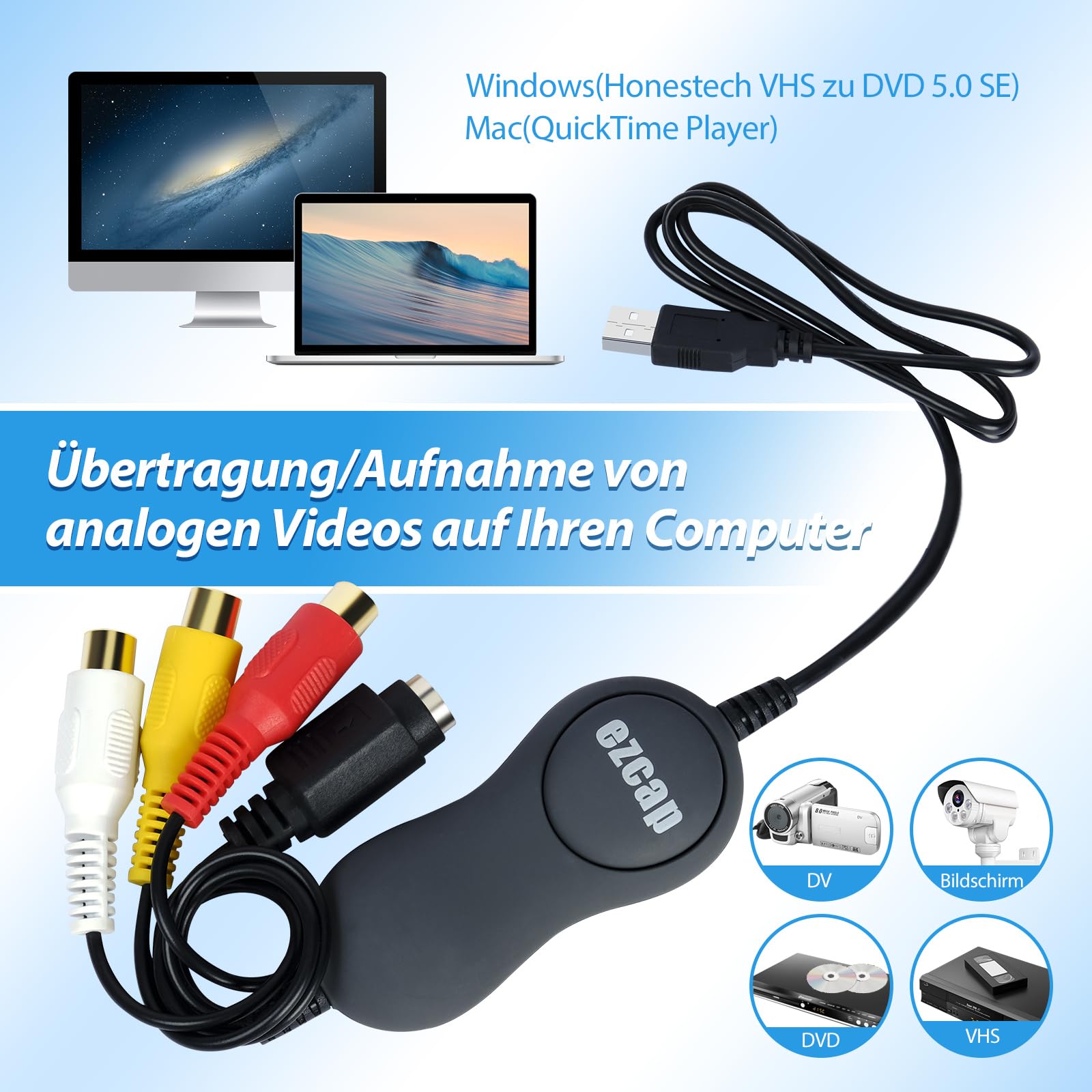 Mwin USB 2.0 Video Capture Card, VHS/VCR auf Digital Converter, Digitalisieren Sie analoges Video für Mac oder Windows, Easy VHS/VCR/TV auf DVD