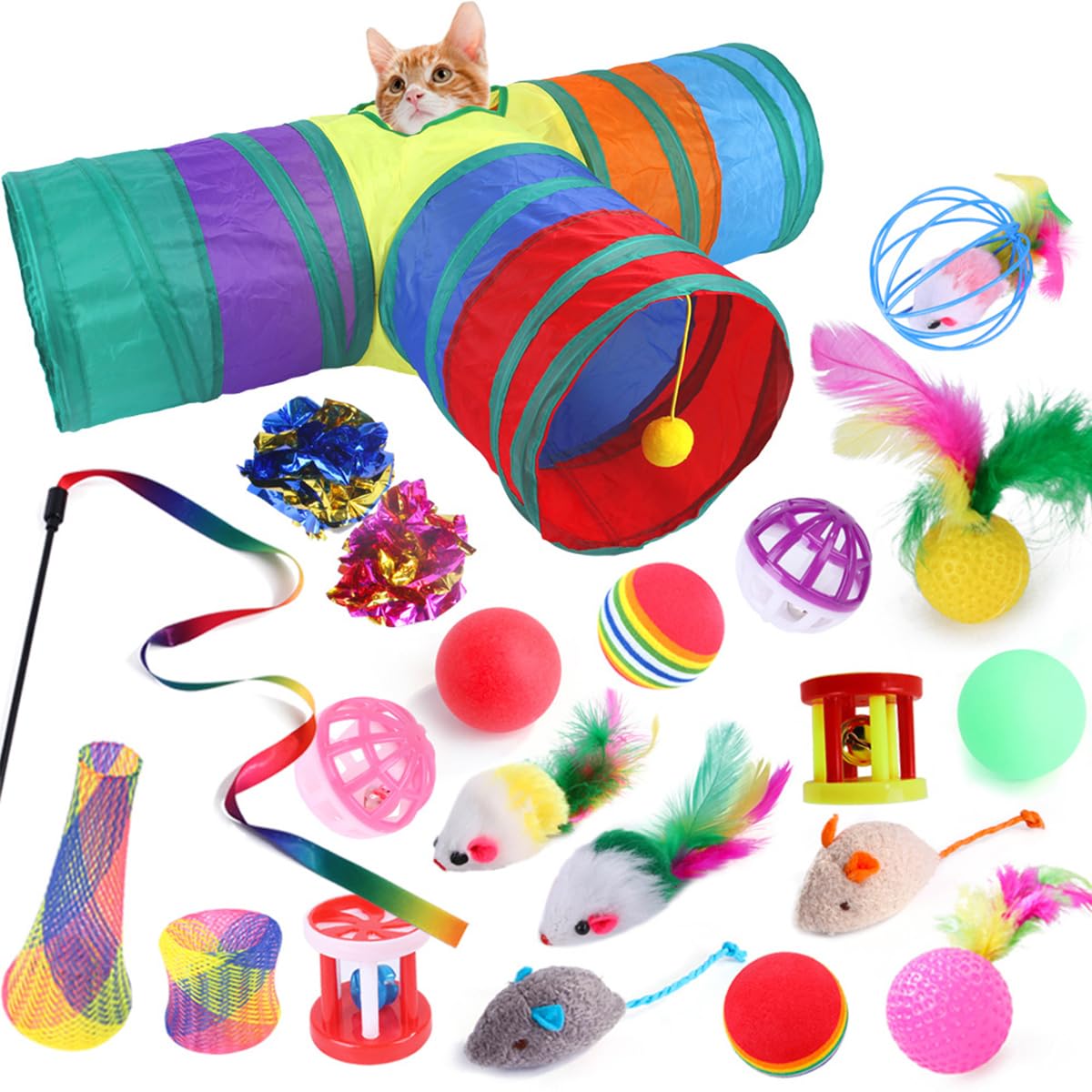 ZYYRSS Cat Toys, 21 Pcs Kitten Toys Interactive Cat Toys, Collapsible Tunnel