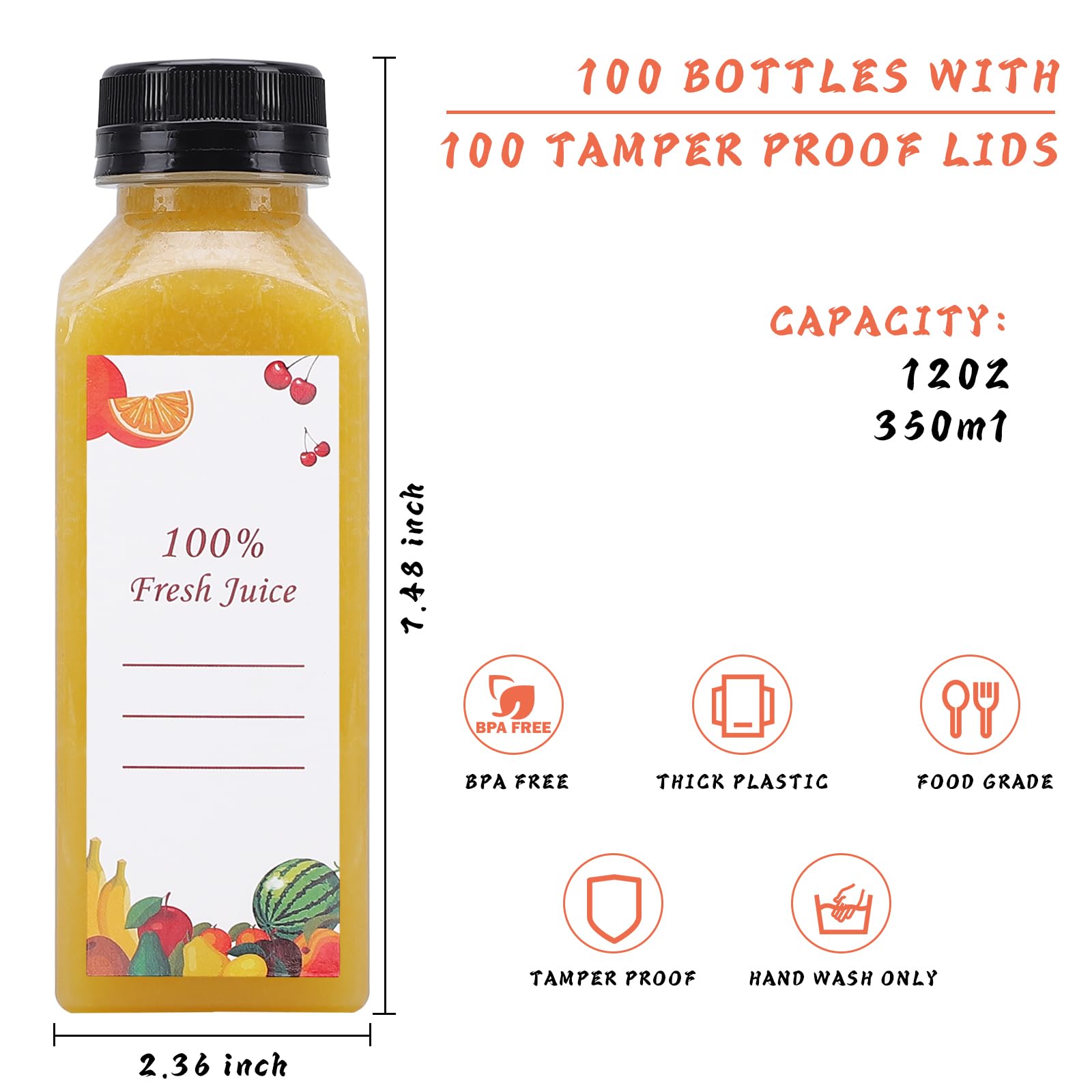 Botellas de plástico para jugo, 150 botellas de agua vacías de plástico de 12 onzas con tapas, reutilizables, transparentes, recipientes para bebidas, jugos, batidos, agua con 2 cepillos, 2 embudos