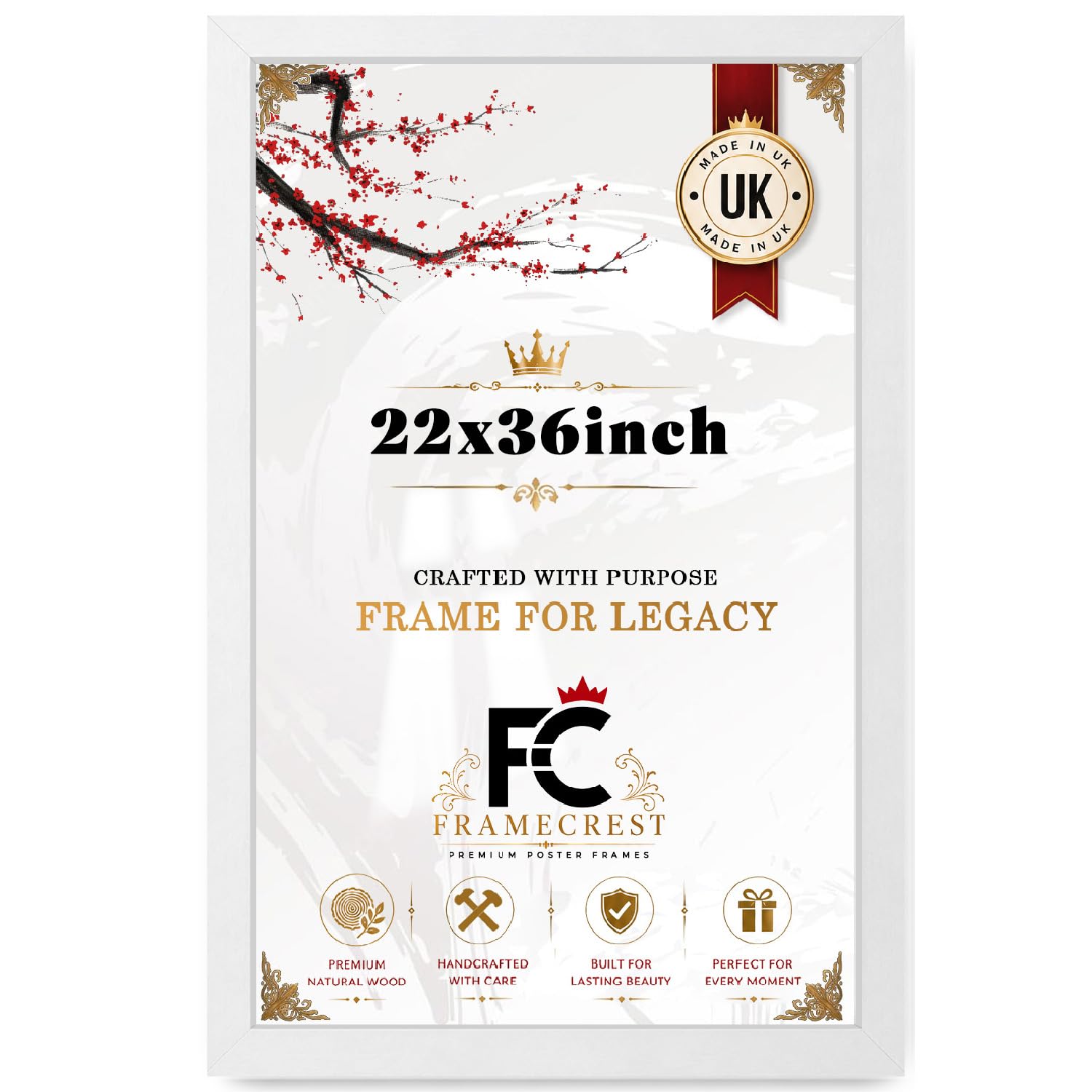 FRAMECREST 22x36 Inch MDF Poster Frame White | Large Engineered Wood Frame with Crystal Clear Perspex | Wall Hanging Frame for Posters Photos Artwork Gallery Display - [White]
