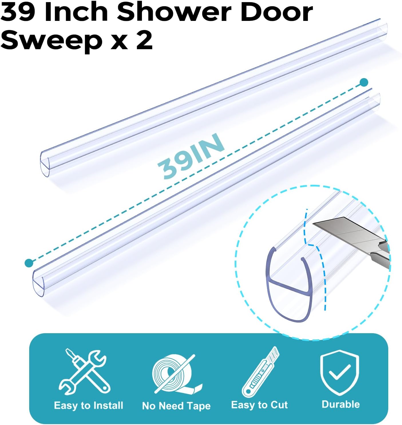 39" Frameless Shower Door Seal Strip for 3/8" (10mm) Glass Shower Door Side Seal Strip Seal Door Sweep 2-Pack