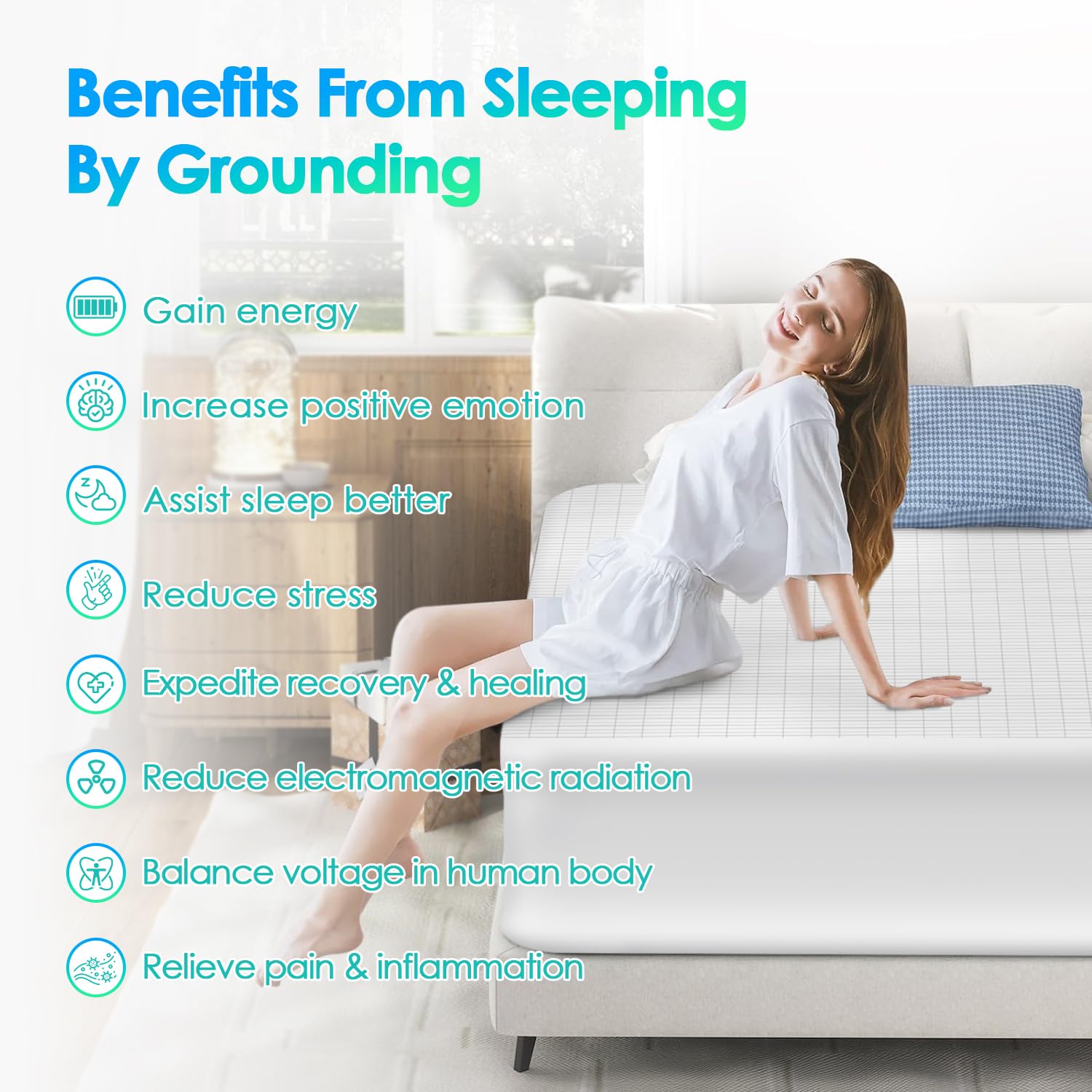 Grounding Fitted Sheet, lenzuolo con angoli di messa a terra, foglio Conductive Sheet with Silver Fiber Therapy for Better Sleep Reduce Stress Pain (beige, 193 x 203 x 38 cm)