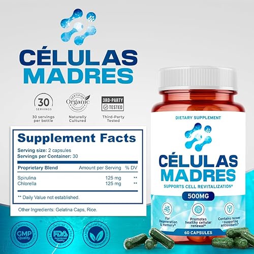 Miniatura 6 de Suplementos de células madre de 500 mg (120 cápsulas) Natural Anti-Envejecimiento y Longevidad Apoyo con Espirulina y Clorella, Impulsa la