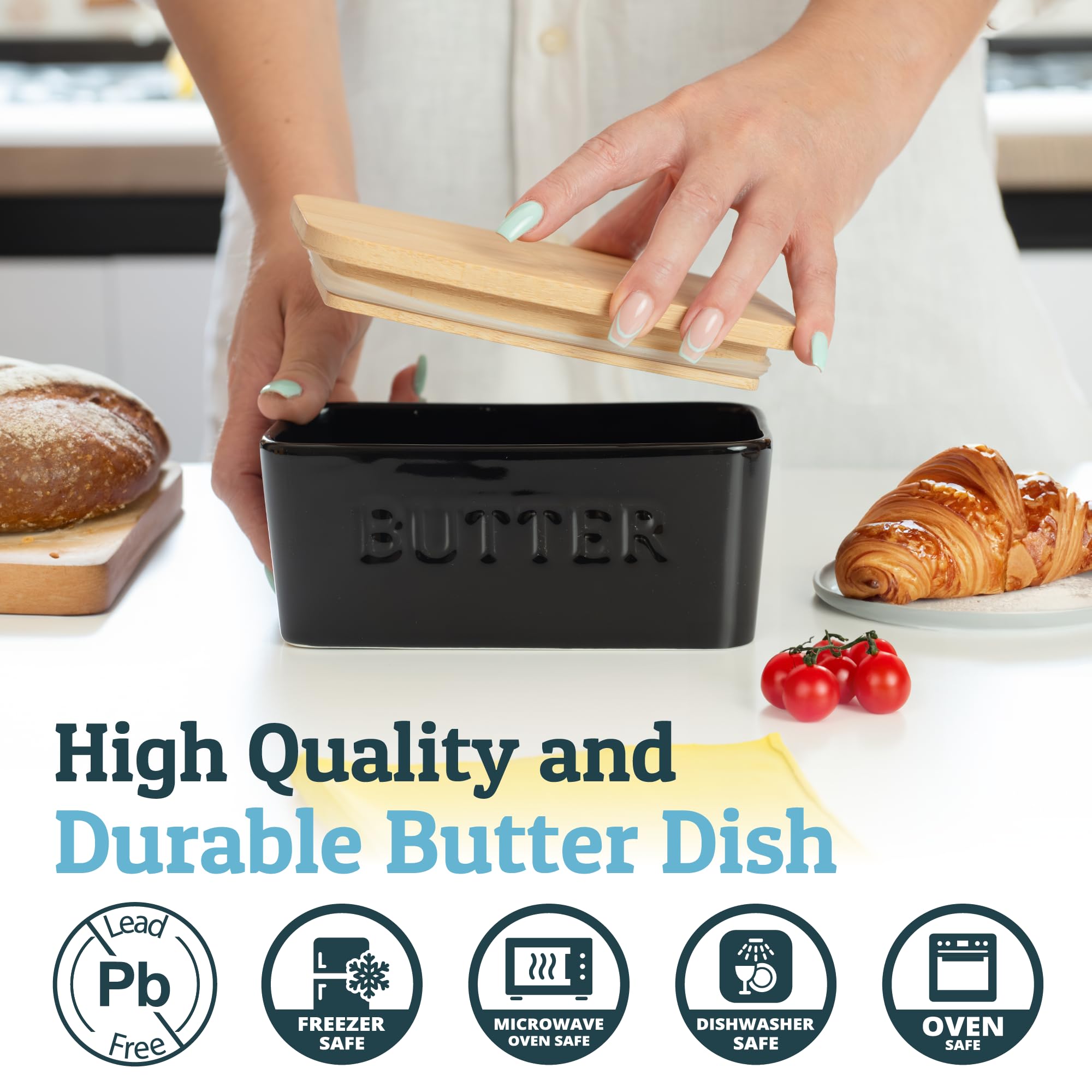 PriorityChef - Mantequera grande con tapa para encimera, recipiente de mantequilla de cerámica con cubierta hermética, contenedor de mantequilla para encimera o refrigerador, almacenamiento de