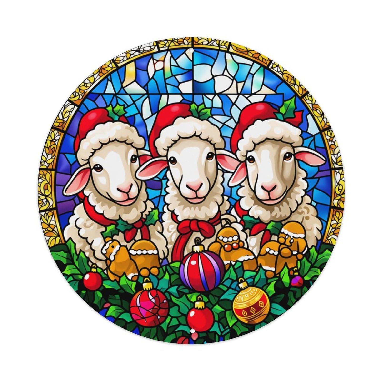 Christmas Sheep Ornaments Holly Joy Round Tin Sign Retro Metal Sign for Cafe Bar Pub Home Game Room Gym Club Wall Decoration Vintage Metal Poster 8x8 Inch