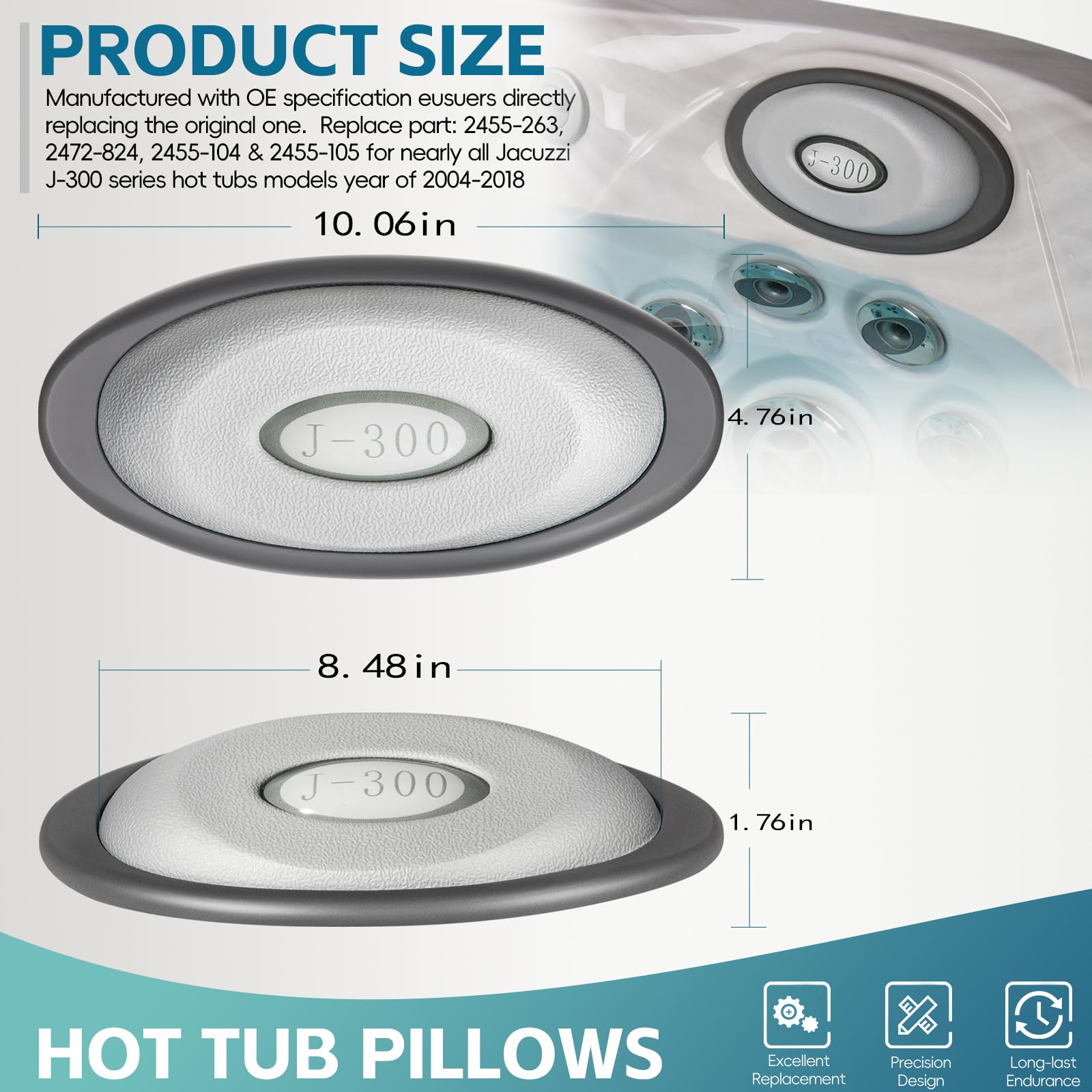 Confezione da 4 cuscini ovali e supporto posteriore per vasca idromassaggio Jacuzzi serie J-300 e spa, 2455-263 cuscini di ricambio per poggiatesta vasca idromassaggio 2455-263, supporto migliorato