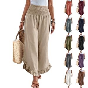 Wide Leg Linen Pants for Women Smocked Elastic Waist Ruffle Hem Holiday Beach Pants with Pockets Summer Palazzo