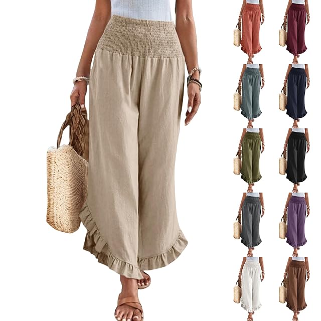 Wide Leg Linen Pants for Women Smocked Elastic Waist Ruffle Hem Holiday Beach Pants with Pockets Summer Palazzo