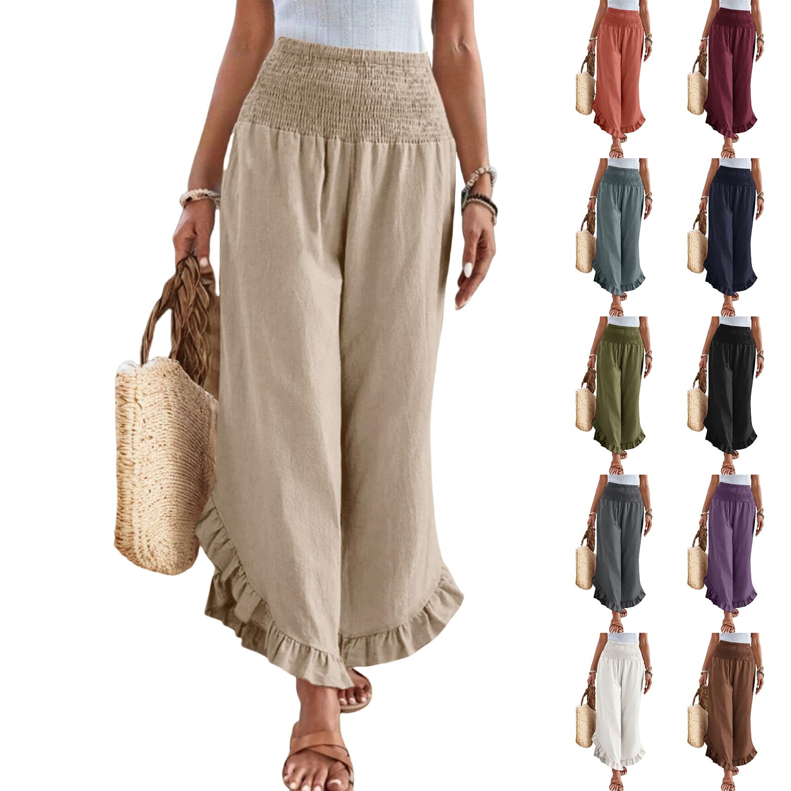 Wide Leg Linen Pants for Women Smocked Elastic Waist Ruffle Hem Holiday Beach Pants with Pockets Summer Palazzo
