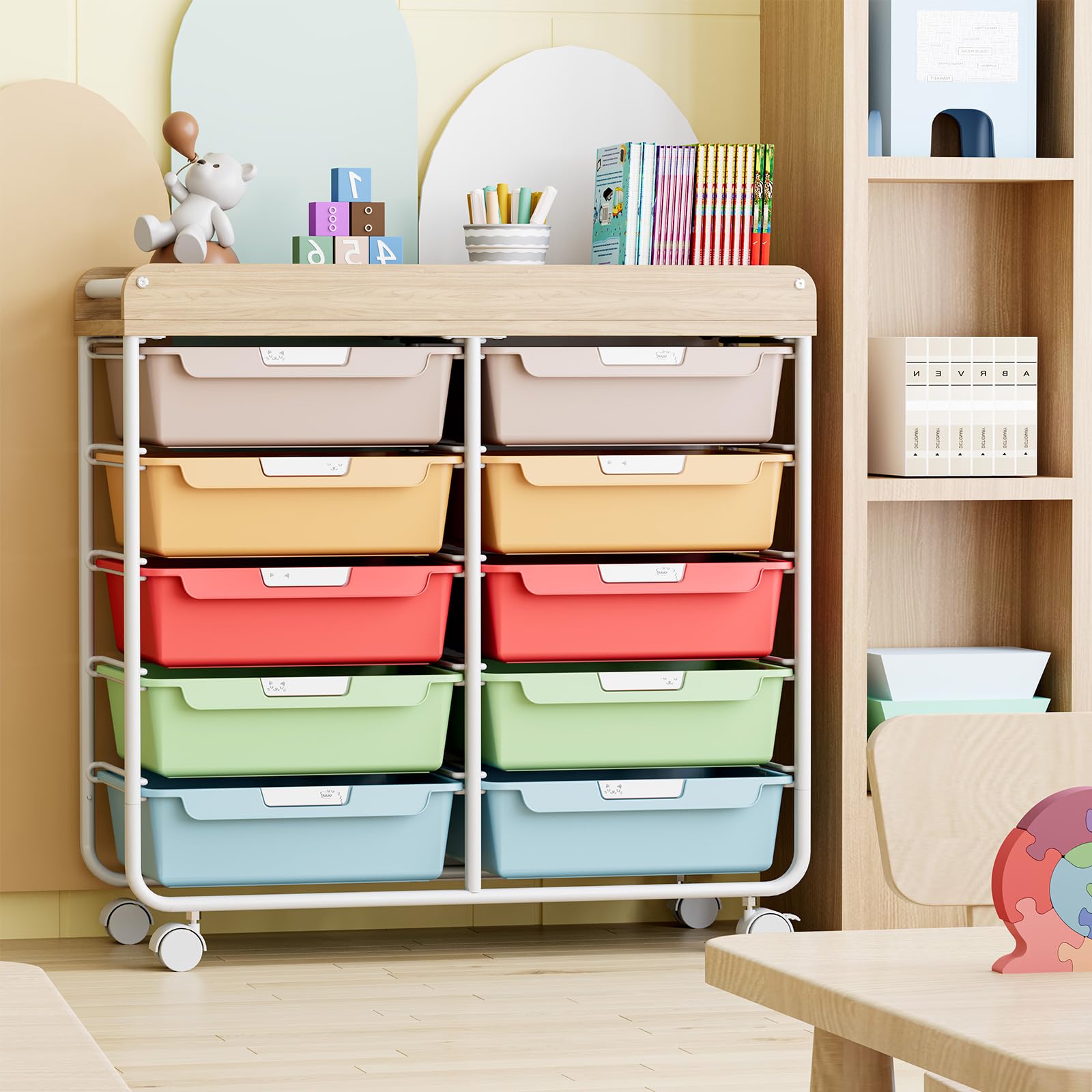 KINGRACK Chariot de Rangement à Roulettes Avec 10 Tiroirs, Chariot à Roulettes Avec Tiroirs Pour Matériel de Bricolage, Matériaux Artistiques, Bureaux à Domicile et Salles de Classe (Multicolore)