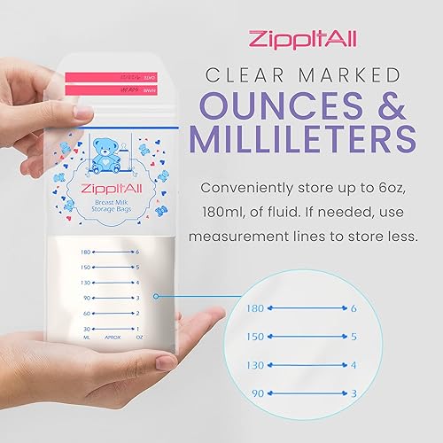 Miniatura 5 de DiRose Bolsas de almacenamiento de leche materna de 6 onzas, 100 unidades, doble cremallera, capacidad a prueba de fugas, extragruesas y selladas