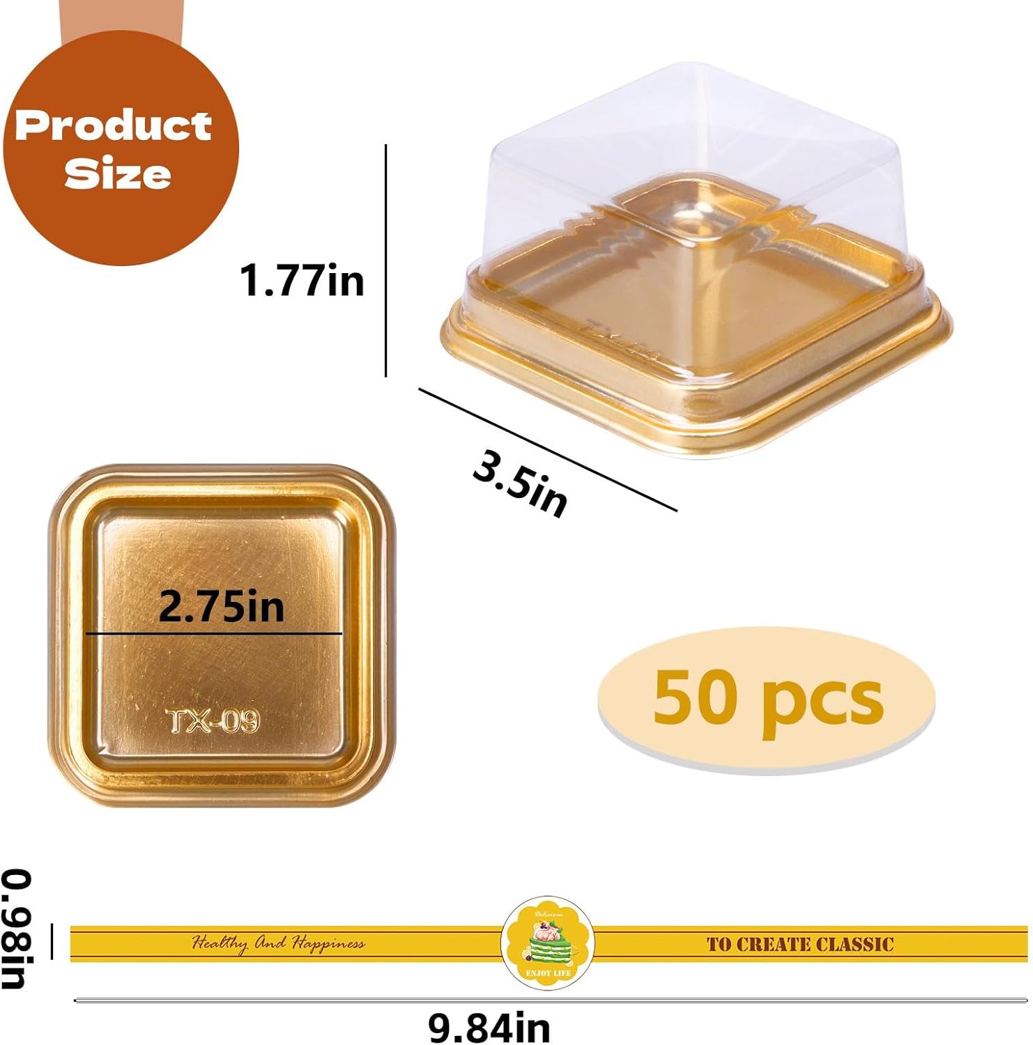 Cake Container Clear Plastic Lids 3.5in Small Dessert Boxes with Gold Bottom and Sticker for Mini Individual Cake Slice Cupcake Cheesecake and Wedding Birthday Present(50 Pack)