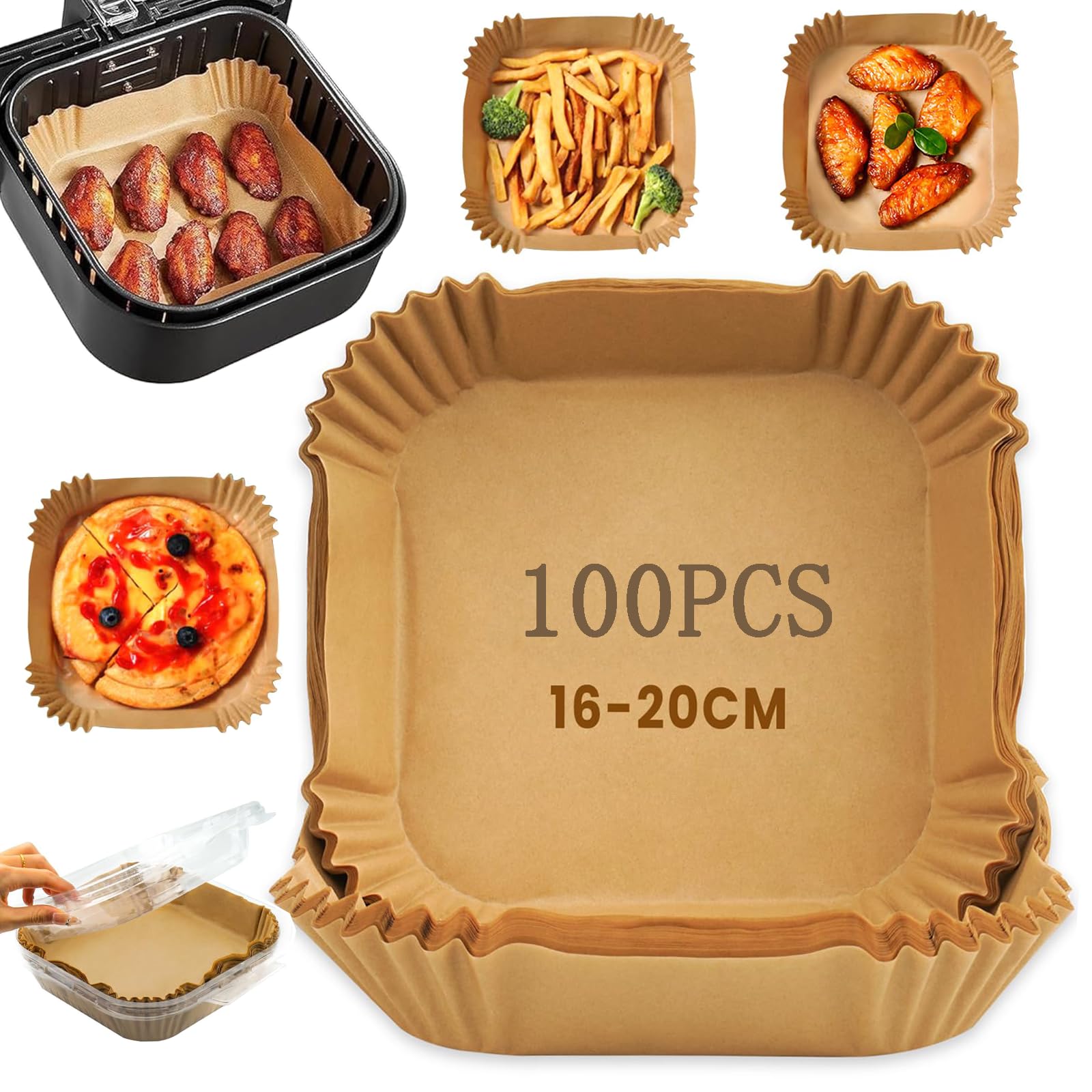 Papel Freidora Aire,100 Pcs Papel Air Fryer Cuadrado Accesorios Freidora de Aire 20CM, BPA Free Air fryer Baking Paper, para Horno y Microondas Sartén