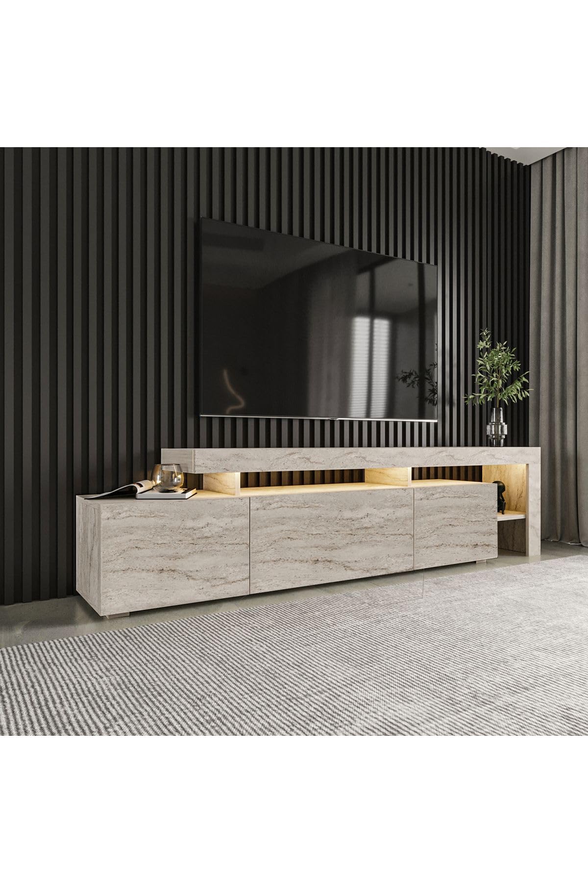 Beliz Modern LED Işıklı 3 Kapaklı, Raflı TV Sehpası