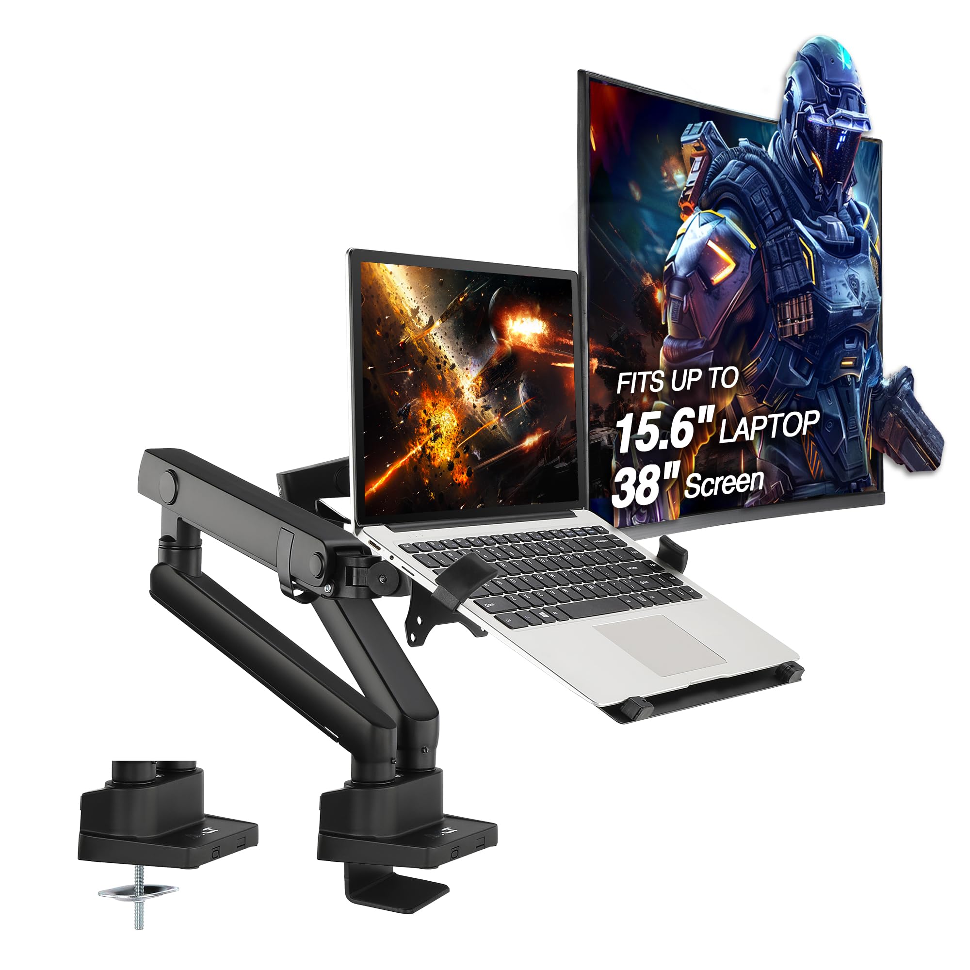 AVLTLaptop and Monitor Arm - Mount 15.6" Notebook and 38" Monitor on 2 Full Motion Adjustable Arms - Organize Your Work Surface with Ergonomic VESA Monitor Mount