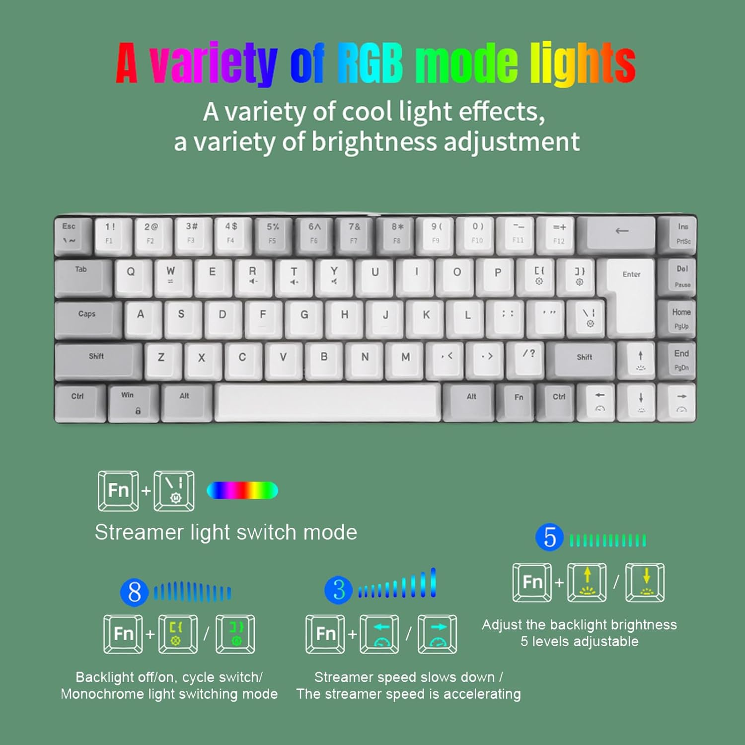 XUMIUZIY 60% Wired Gaming Keyboard, RGB Backlit Ultra Compact 68 Keys Mini Gaming Keyboard, Anti Ghosting and Multimedia Keys, USB Wired Computer Keyboards for Wins, OS X, PC (Gray White)
