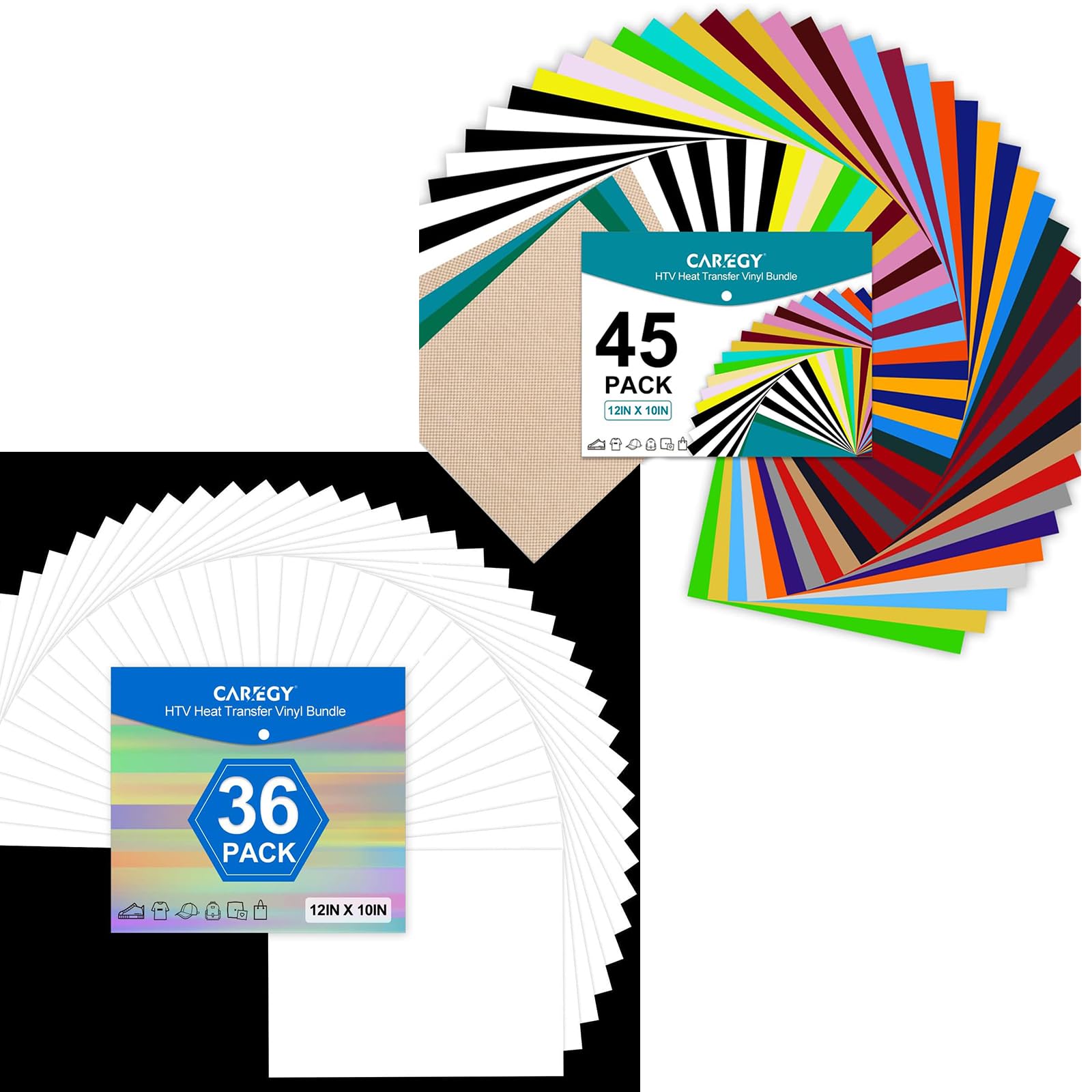 CAREGY 36 Sheets 12"x10" White Heat Transfer Vinyl for T- Shirts and 45 Pack 12"x10" Color HTV Vinyl Bundle Set