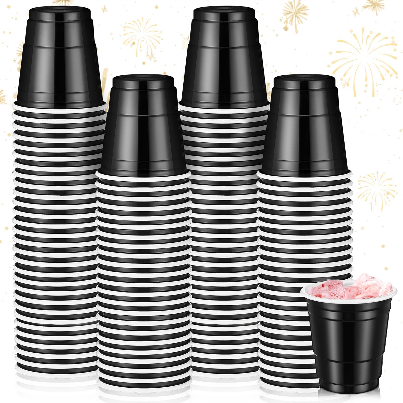 100 Pack 2 oz Plastic Shot Cups, Mini Disposable Shot Glasses 2 oz Party Cups for Wedding Party, Summer Beer Taste Serving, Snacks(Black)