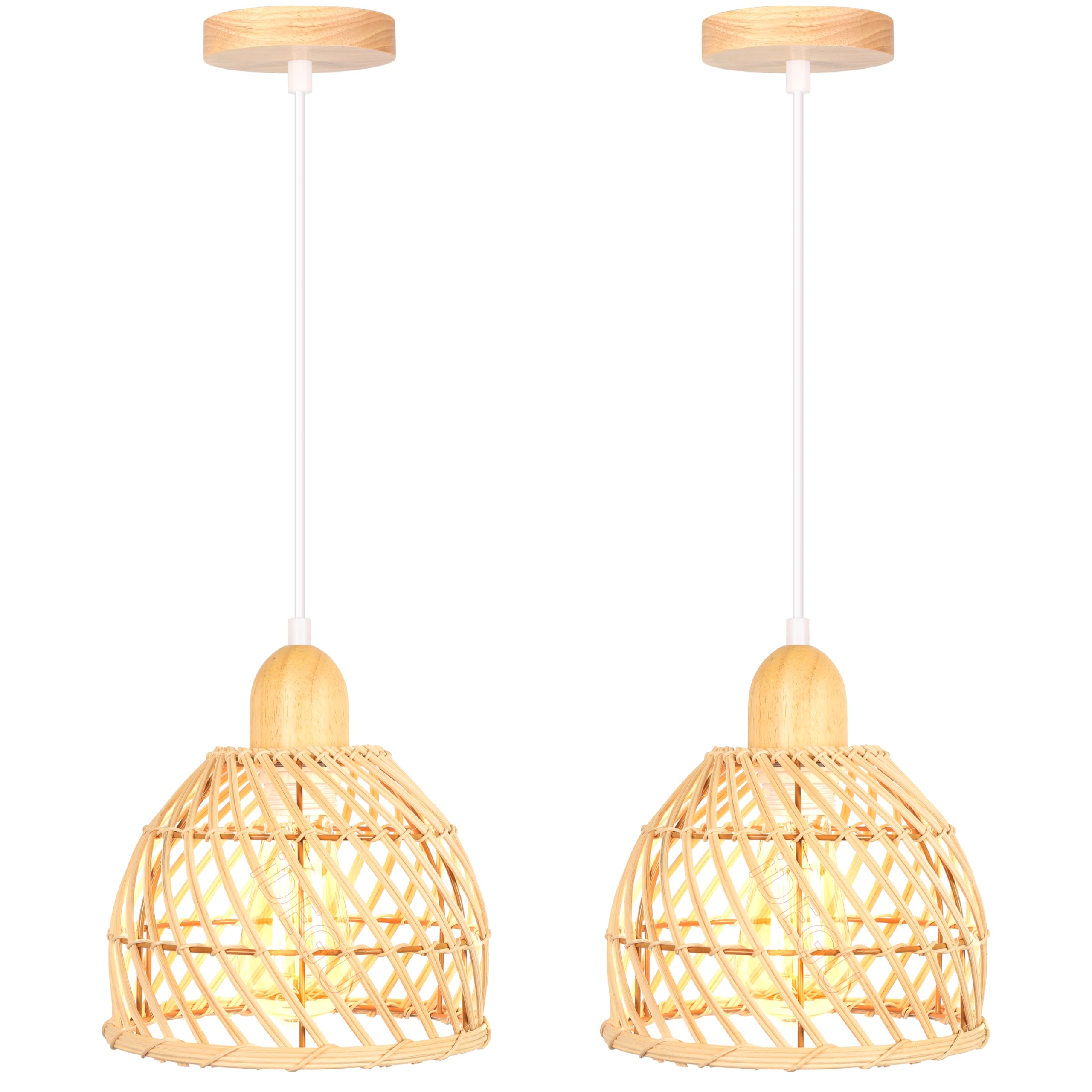iDEGU 2 Piezas Lámpara Colgante Moderna Creativa Lámpara de Techo Interior Diseño Boho en Bambú y Madera Pantalla de Jaula Ratán Vintage Luz Colgante para Dormitorio Cocina Sala Comedor (20cm)