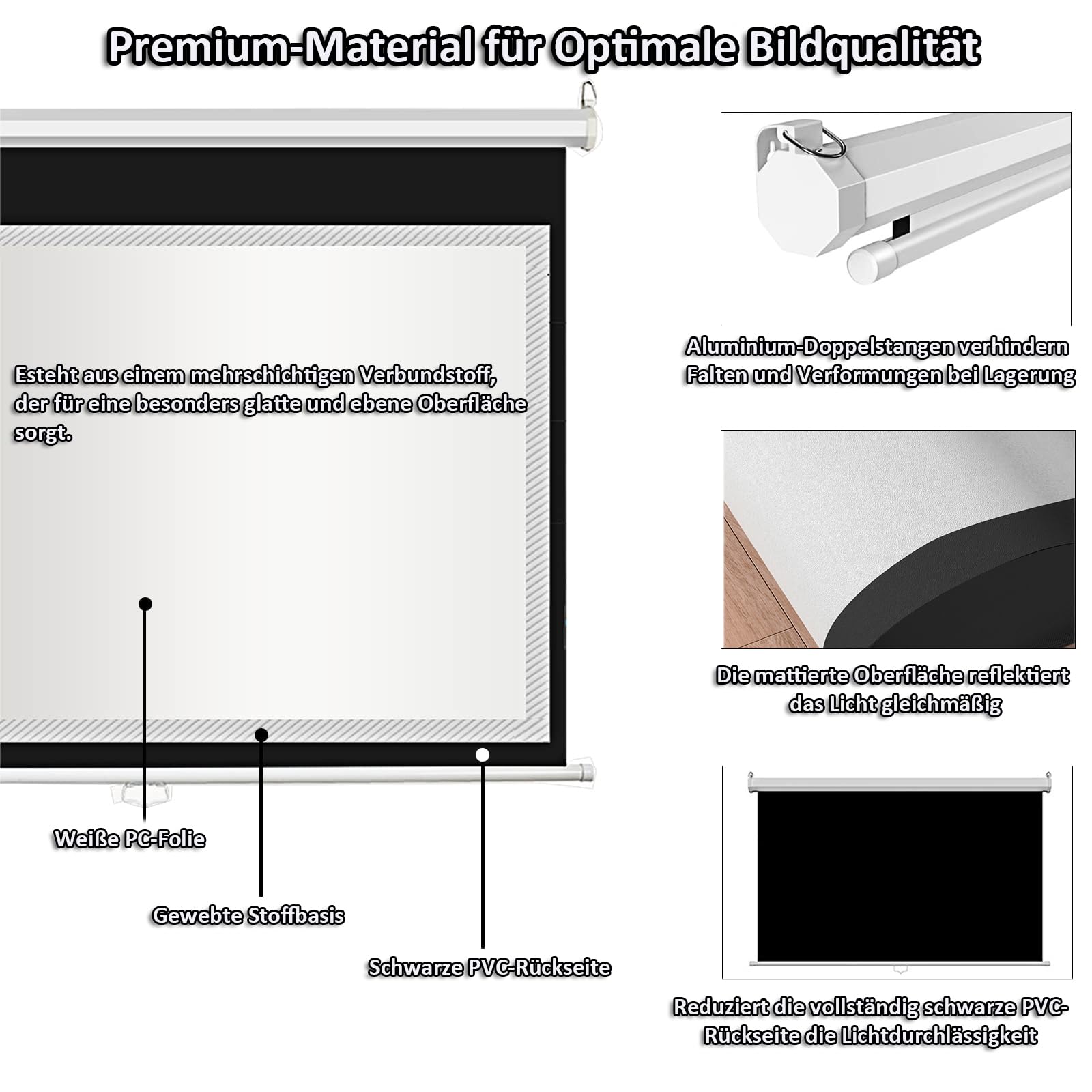 INMOZATA Leinwand Beamer Rollo 234cm, Bild 221 x 124 cm(100 Zoll), Format 16:9, Deckenmontage & Wandmontage Projektor Leinwand für Heimkino Büro Treffen Schule Präsentationen-Weiß Gehäuse