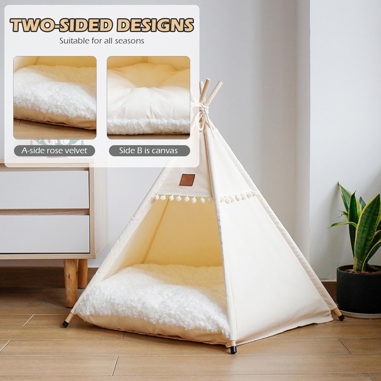 24 Inch Tall Pet Tent, Dog & Cat Teepee Portable with Cushion and Small Chalkboard Washable Indoor Dog House Puppy Sweet Bed for Pets Under 7Kg