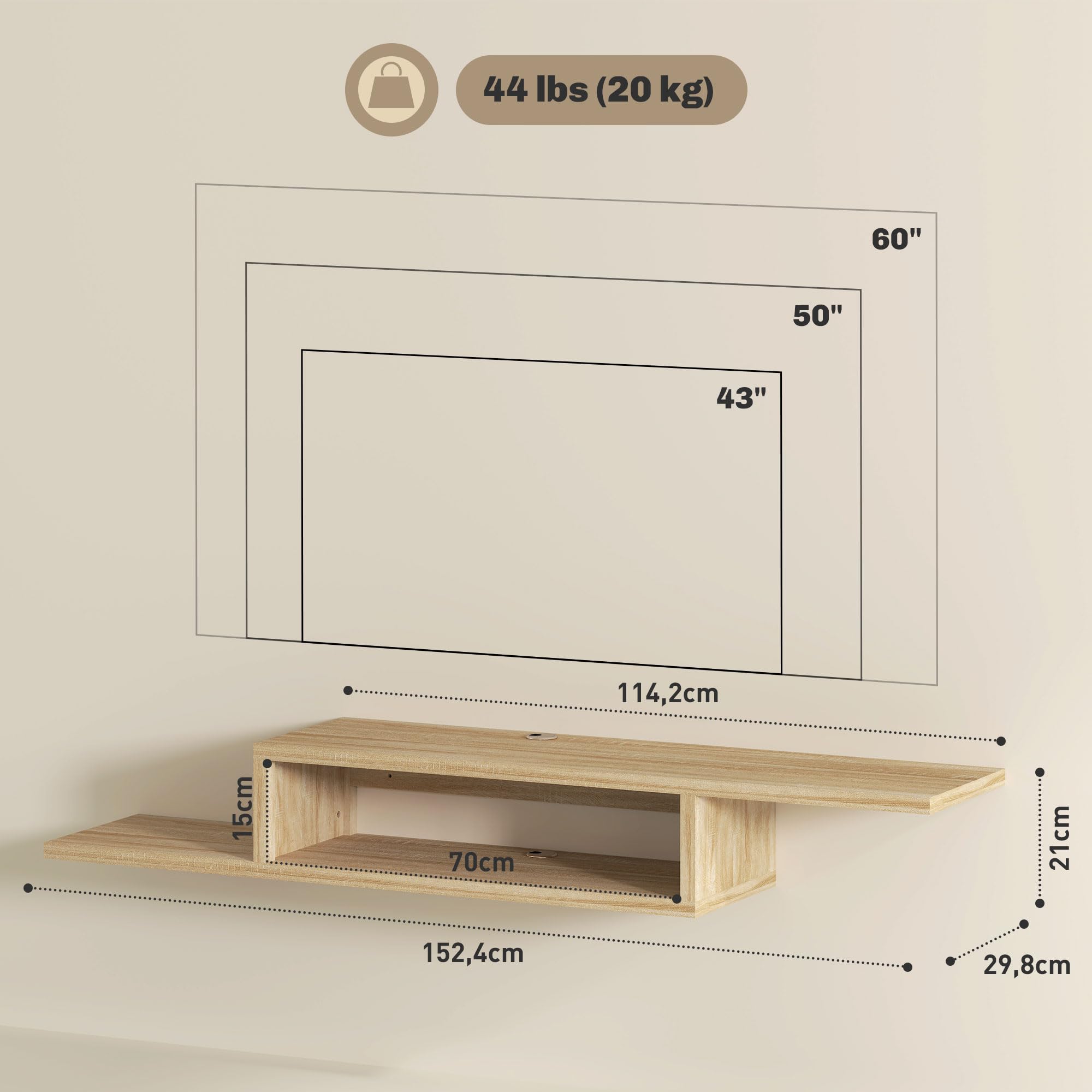 HOMCOM Meuble TV Mural Flottant Suspendu Support TV - étagère Murale Flottante - Niche, Passe-Fils - chêne Clair