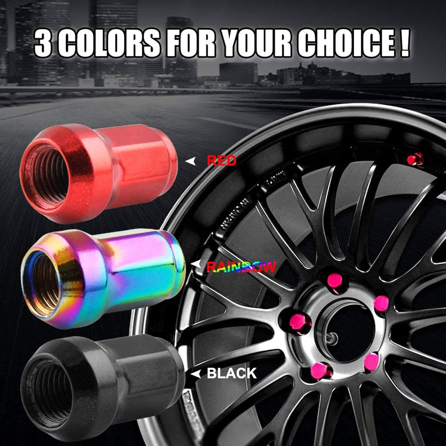 RYANSTAR 20Pcs M12x1.5 Wheel Lug Nuts, Closed End 6 Spline Nut, Bulge Acorn Cone Seat Wheel Locking Nuts, with 19 Hex and 21 Hex Security Key Multi-Color