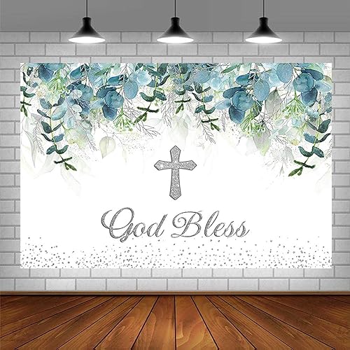 Miniatura 3 de SENDY Telón de fondo de 7 x 5 pies para decoración de fiesta de bautismo, suministros de primera comunión para bautizo, hoja de eucalipto, purpurina