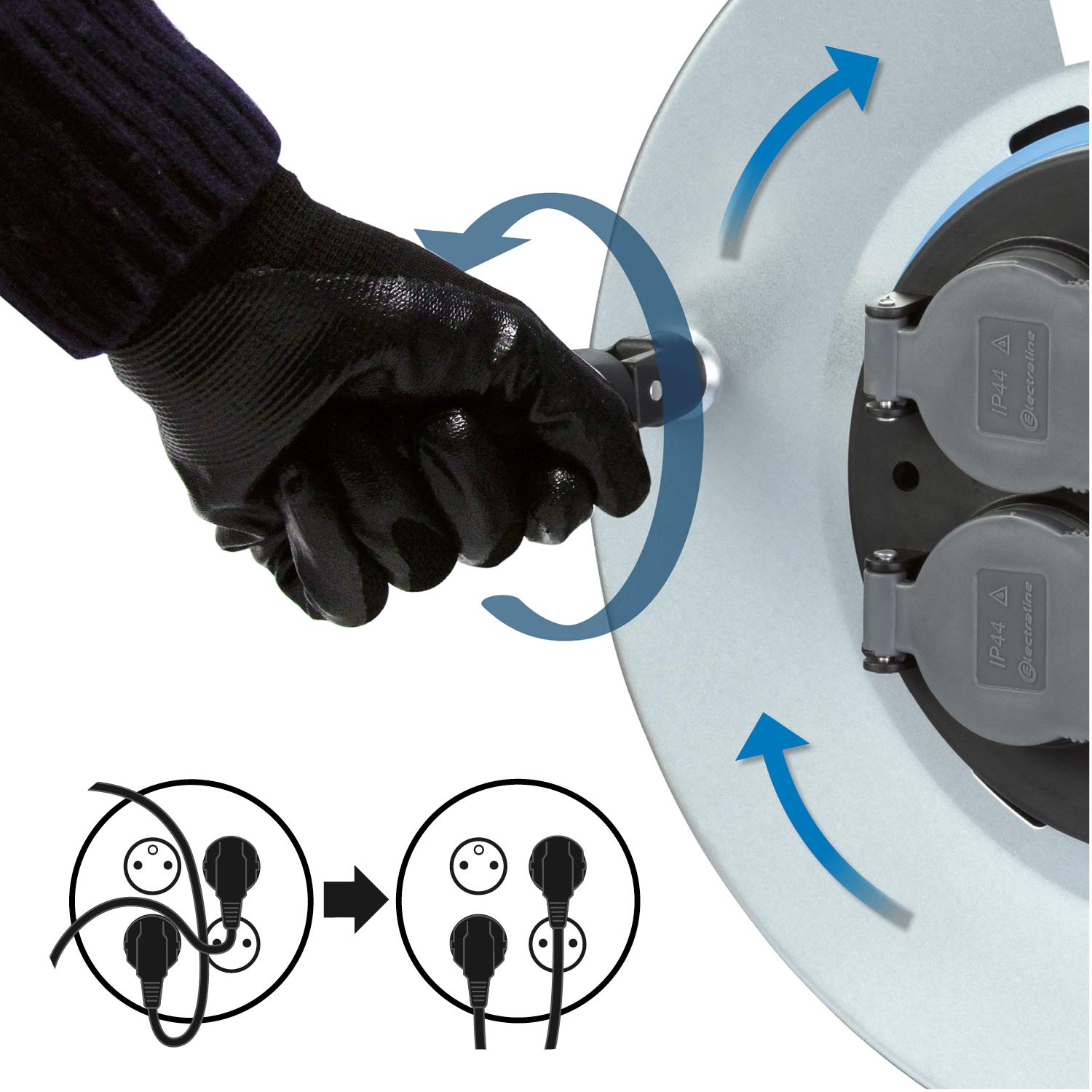 Electraline 208685 - Avvolgitore elettrico professionale impermeabile IP44 cåble 40 m in gomma 3G2.5m㎡ per cantiere in metallo, 4 prese con guida per il cavo, nero