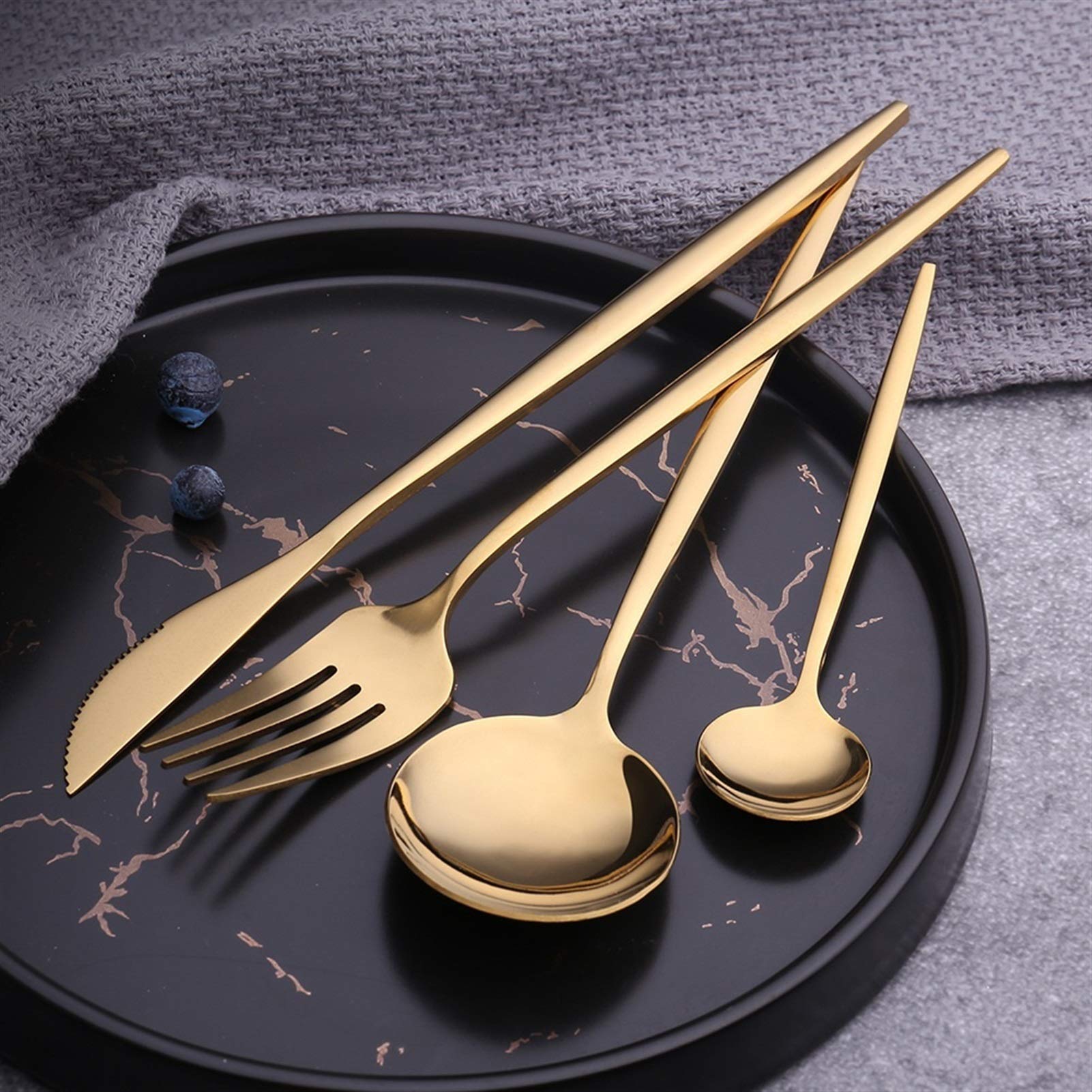 24pcs Couverts en acier inoxydable Vaisselle Cuisine Cutleri Fourchette Gold Ustensiles Durée Vaisselle Couteau Cuanture Cuillère pour dîner Coutellerie (Color : Black silver)