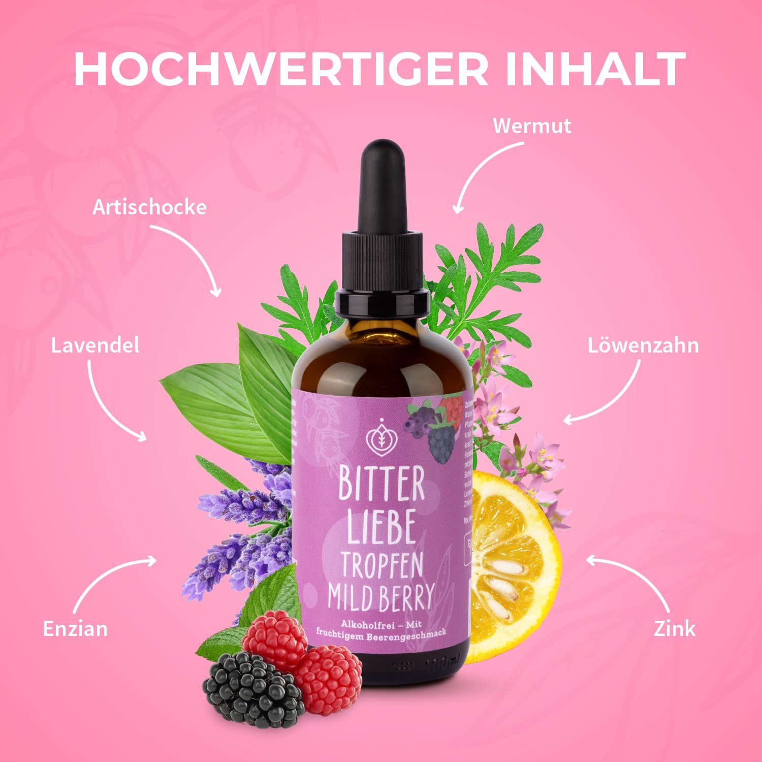 BitterLiebe - Bittertropfen Mild Berry - alkoholfreie Bitterstoffe Tropfen mit Fruchtgeschmack - Artischocke & Löwenzahn für die Verdauung* - gegen Süßhunger - Vegan & Made in Germany