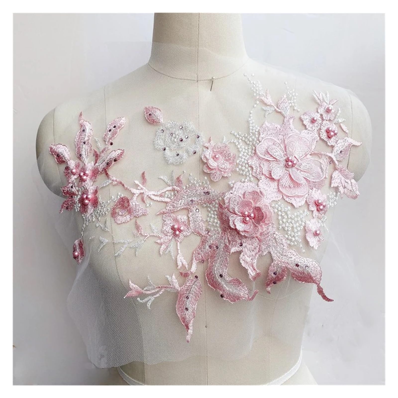 MTKSFDC Lace Fabric 3D Flowers Beaded Pearl Embroidery Patch For Wedding Dress Clothing Sew On Patches Diy Floral Lace Fabrics Applique(Pink)