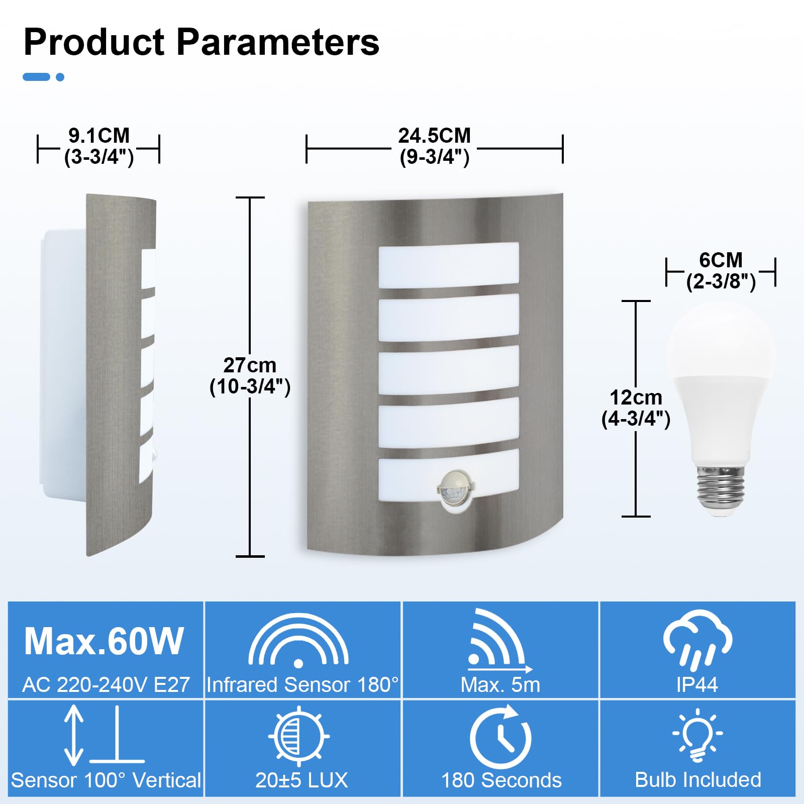 Aplique Pared Exterior/Interior Led con Sensor de Movimiento,12W E27 IP44 Blanco Cálido ABS,Lámpara Pared Moderno Acero Inoxidable para Balcón Pasillo