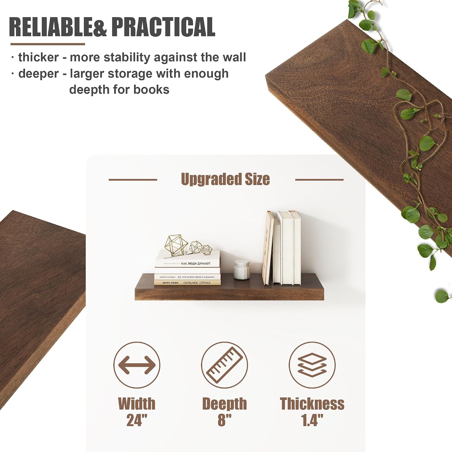 Floating Shelves for Wall, USA-Sourced Walnut Wood 24 Inch Wall Shelves Set of 2, Natural Wooden Wall Mounted Picture Ledge Shelf, Nursery Book Storage Shelf Kids Bookshelf, Display Shelf for Bathroom image 3