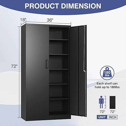 Miniatura 3 de LISSIMO Armario de almacenamiento de metal con cerradura, gabinete de almacenamiento de 72 pulgadas de alto con puertas y estantes ajustables,