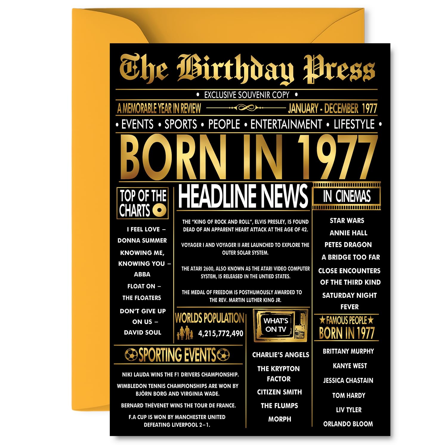 Gold 49th Birthday Card for Men Women - Black & Golden Newspaper Born in 1977 - Happy 49 Birthday Cards for Daughter Wife Dad Niece Brother Colleague, 5x7 Inch Bday Greeting Cards