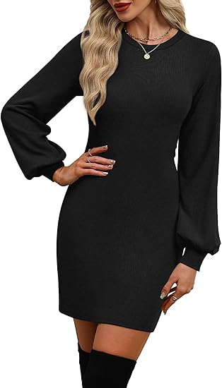 OFEEFAN Women 2025 Fall Winter Puff Long Sleeve Crewneck Bodycon Fleece Sweater Dresses