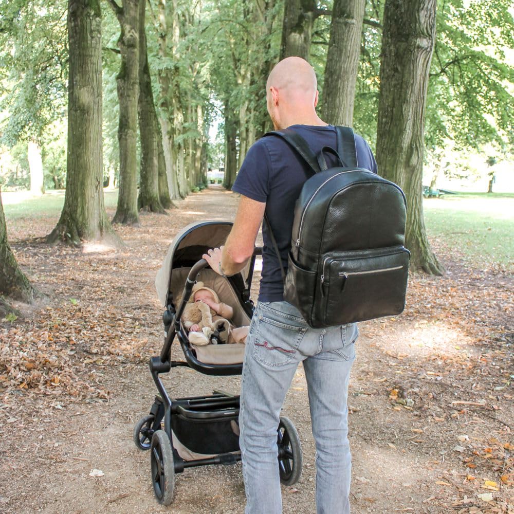 Vadobag Schwarzer Baby Wickel-Rucksack | Echt Leder | mit Wickelunterlage