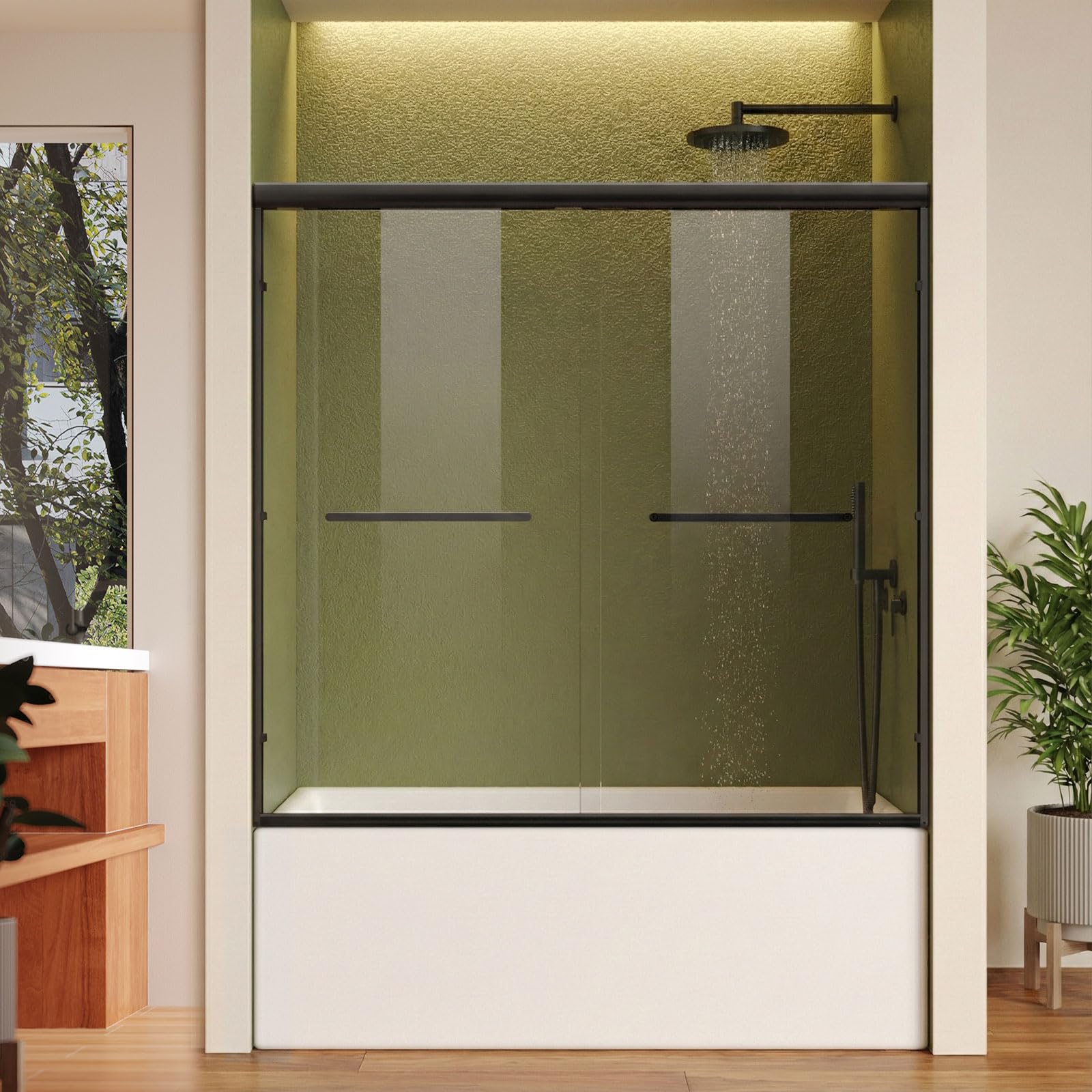 Photo 1 of AURIKAR Bathtub Shower Door, 56-60" W x 57" H Double Sliding Shower Glass Door with 1/4'' (6mm) Tempered Glass, Semi-Frameless Bathroom Sliding Tub Shower Door, Black