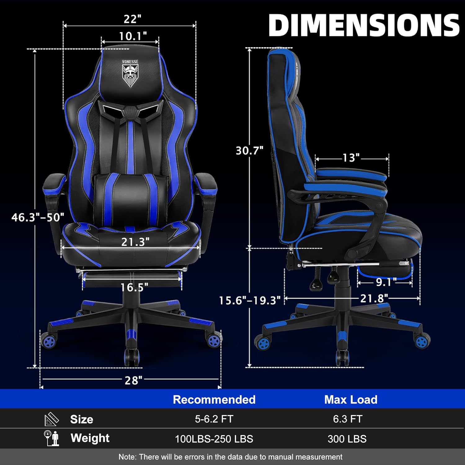 Detailed dimensions of the Vonesse Gaming Chair