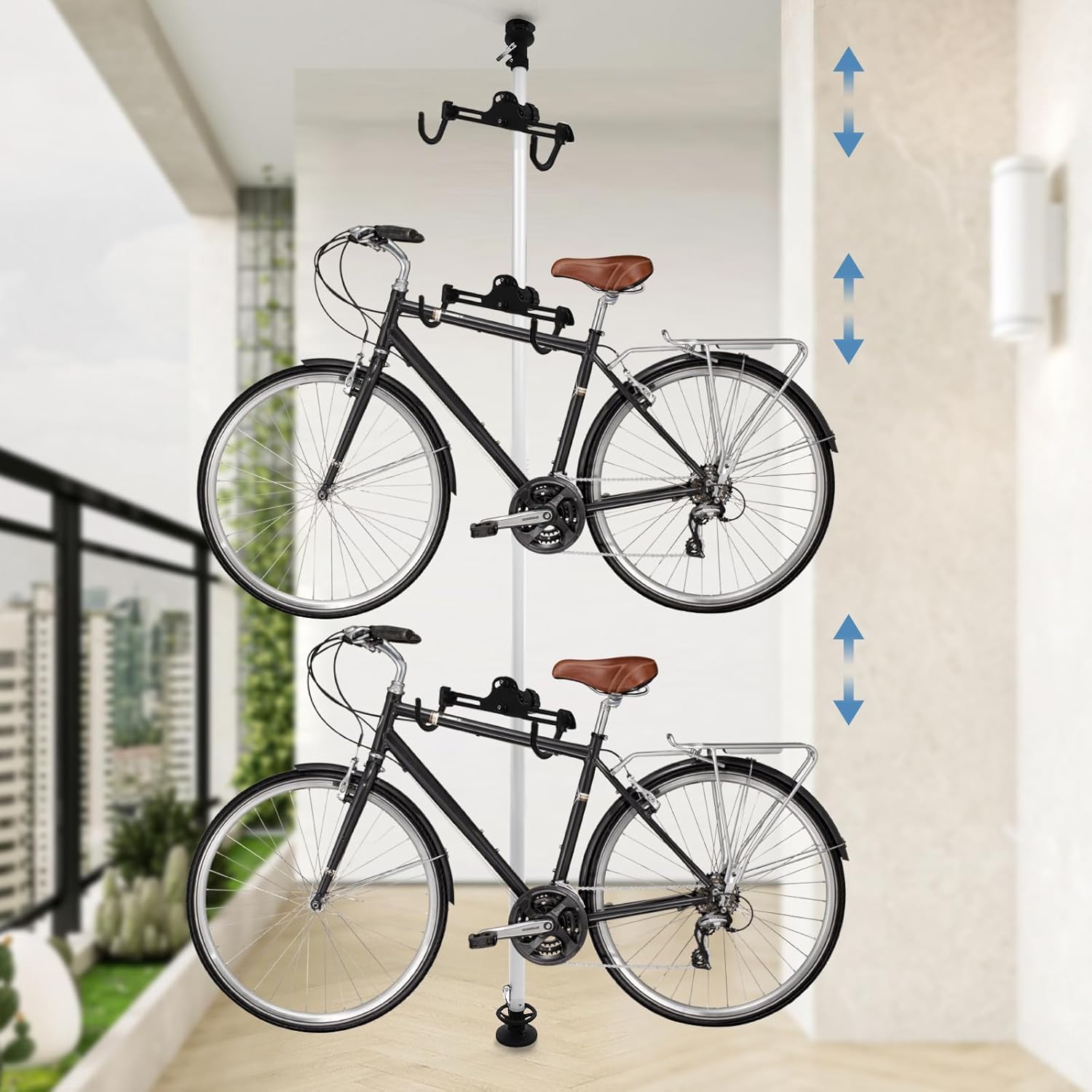 3-Bike Vertical Storage Rack, Adjustable Floor to Ceiling Bike Stand Holder with 3 Hooks, for Mountain Road Kids Bicycles in Garage, Indoor Use, 66 lbs Capacity
