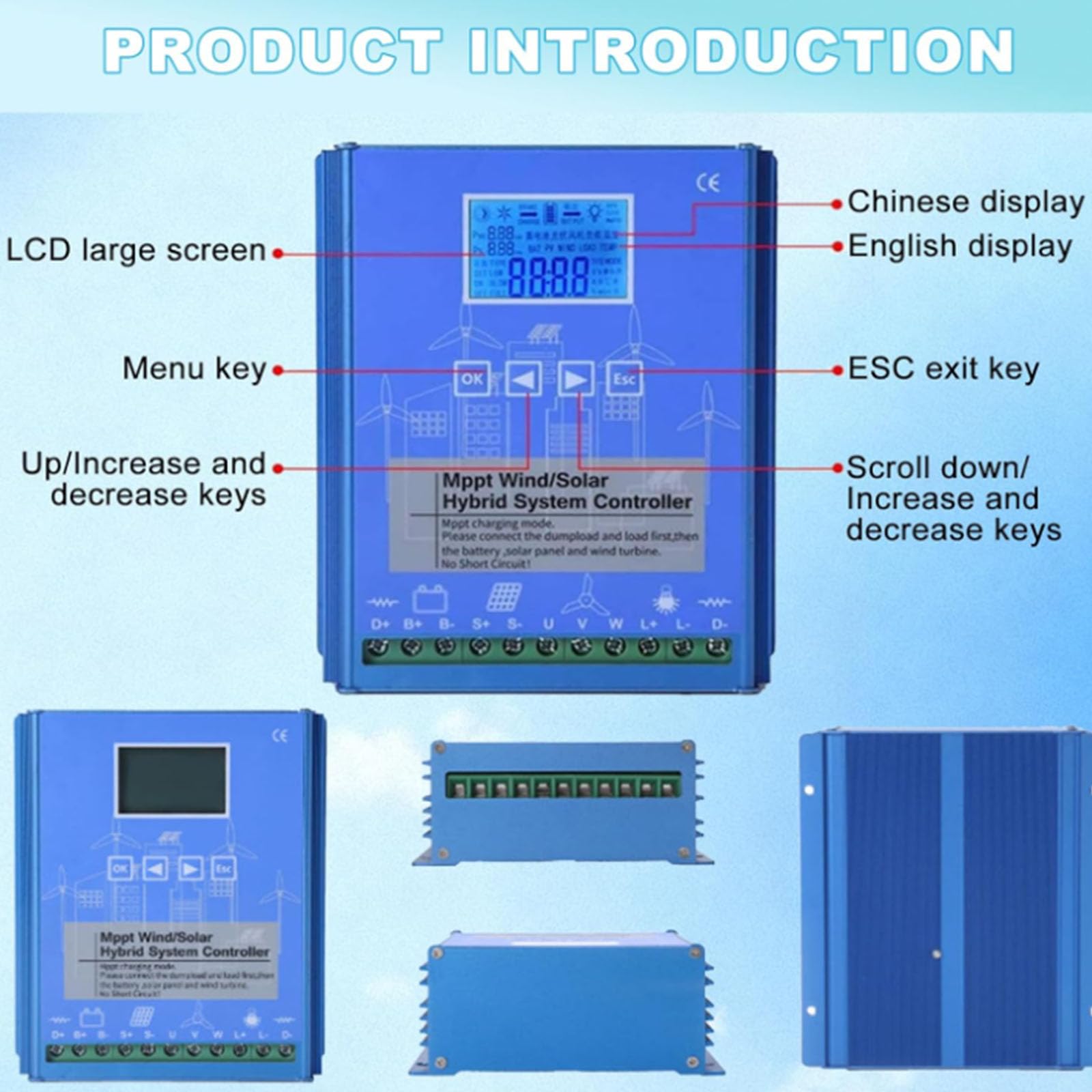 ,220V,1000W LCD Komplementarny regulator ładowania wiatrowo-słonecznego