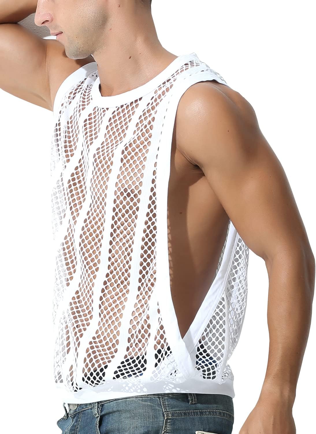 MIZOK Men's Fishnet Mesh Tank Tops Sexy See Through Workout Vest Sleeveless Sheer Muscle Shirts - Image 3