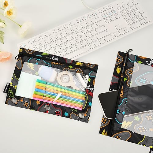 Miniatura 4 de Colorido estuche con cremallera para videojuegos para carpetas de 3 anillas, bolsa transparente para lápices, suministros diarios de oficina,