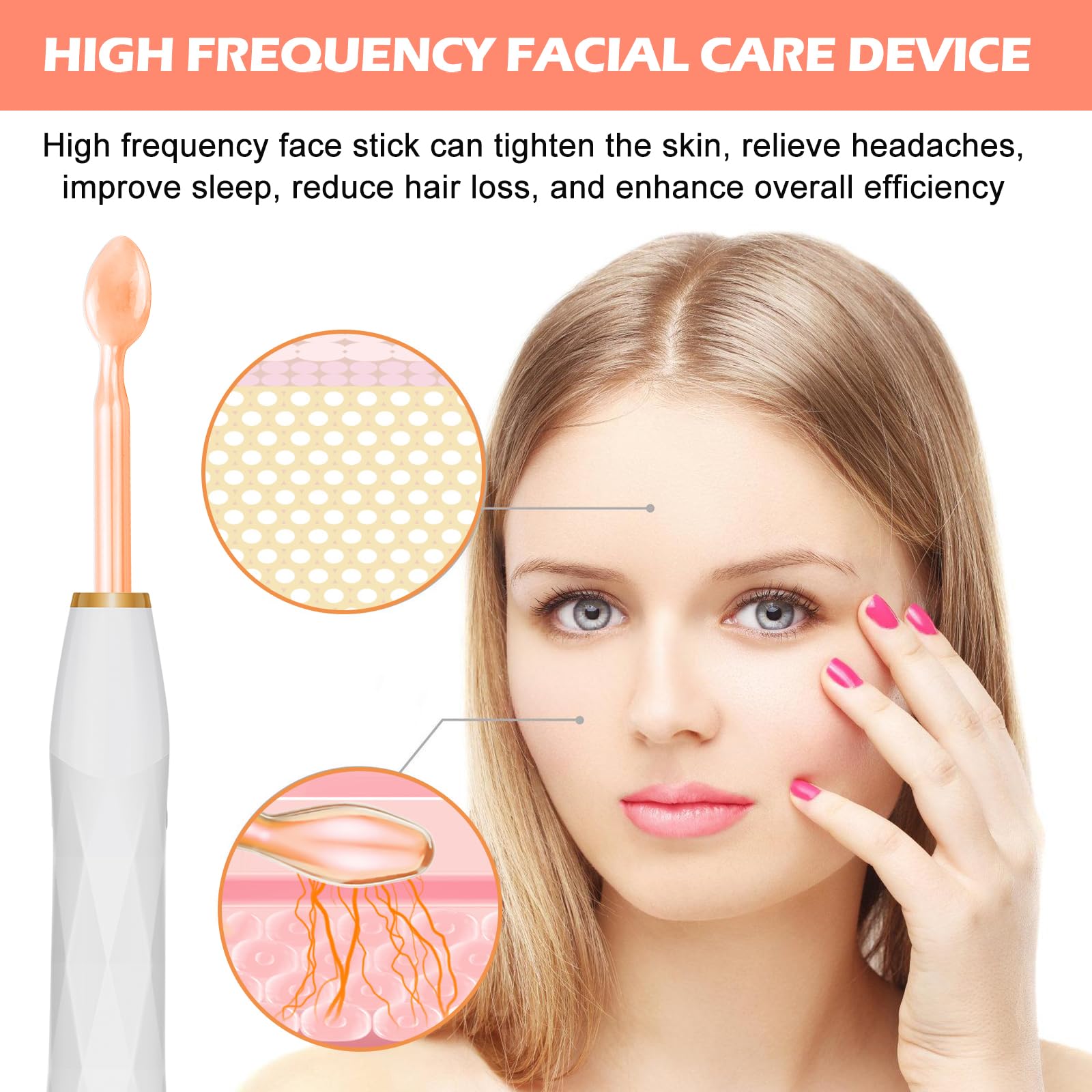 Hochfrequenzstab Gesicht mit 6 Neon Argon Röhren, Tragbares Hochfrequenzgerät für Hautstraffung, Aknebehandlung, Faltenreduzierung, Geschwollene Augen & Gesichtsmassage